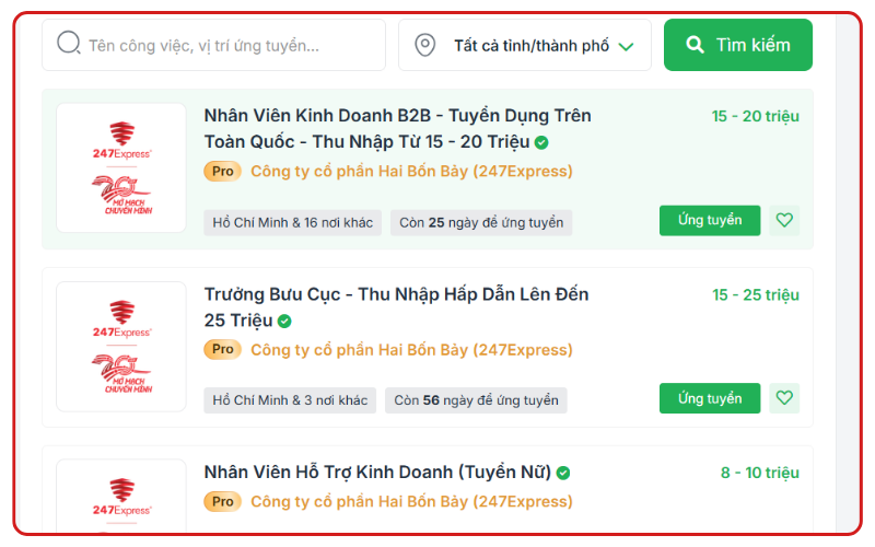 Ứng tuyển việc làm 247Express qua nền tảng TopCV