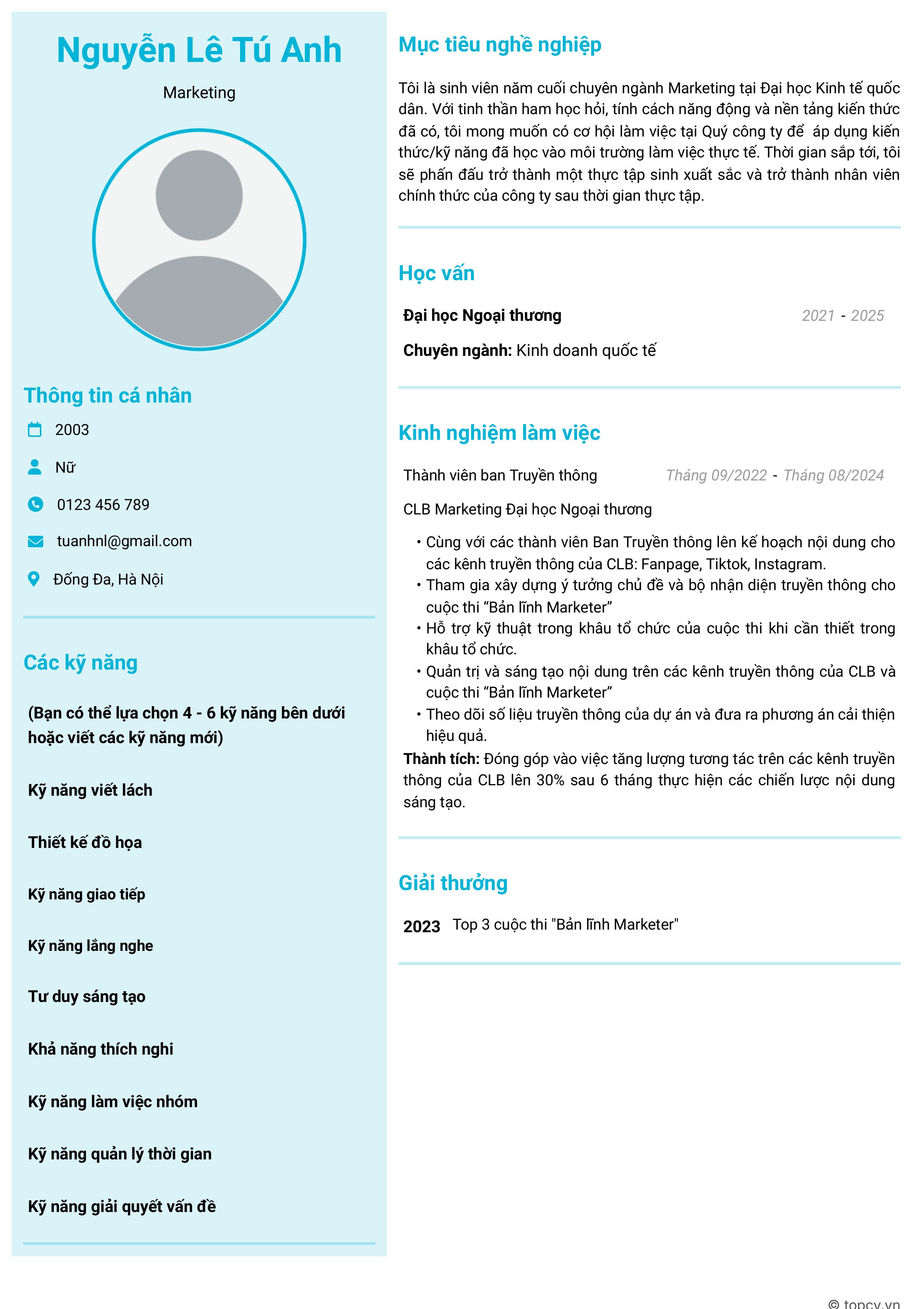 Mẫu CV Marketing dành cho Thực tập sinh