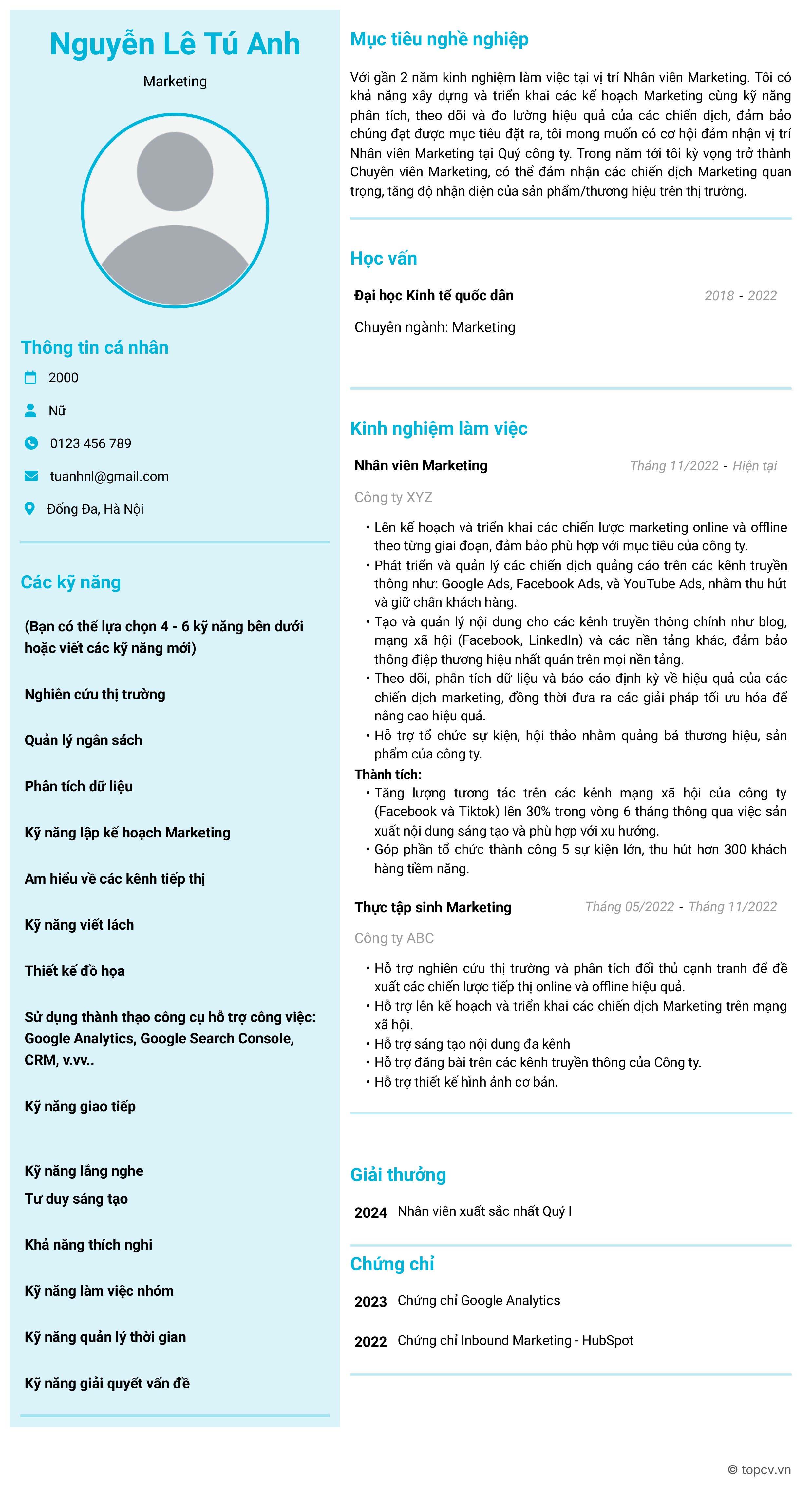 Mẫu CV Marketing dành cho ứng viên đã có kinh nghiệm (1 - 2 năm kinh nghiệm)