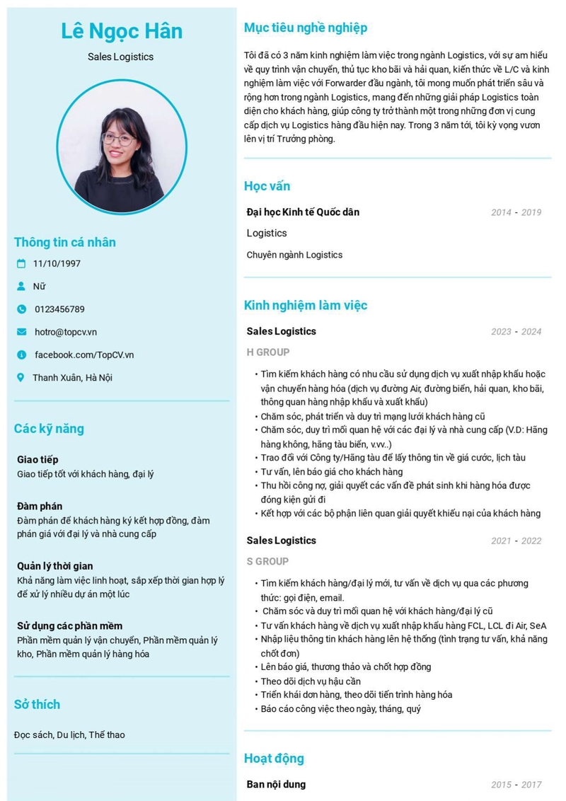 Mẫu CV ứng tuyển vị trí Sales Logistics