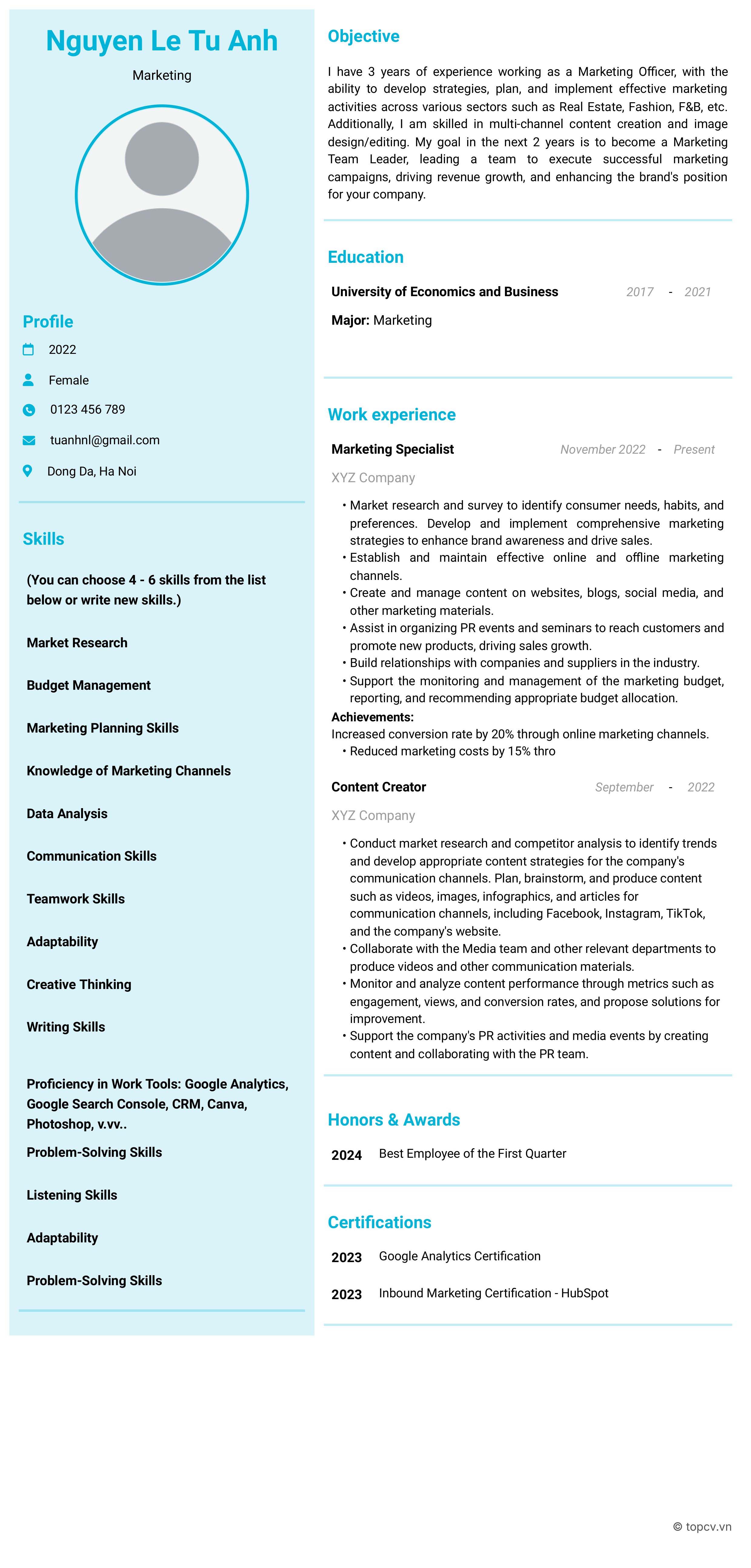 Mẫu CV Marketing tiếng Anh dành cho ứng viên đã có kinh nghiệm (3- 5 năm)