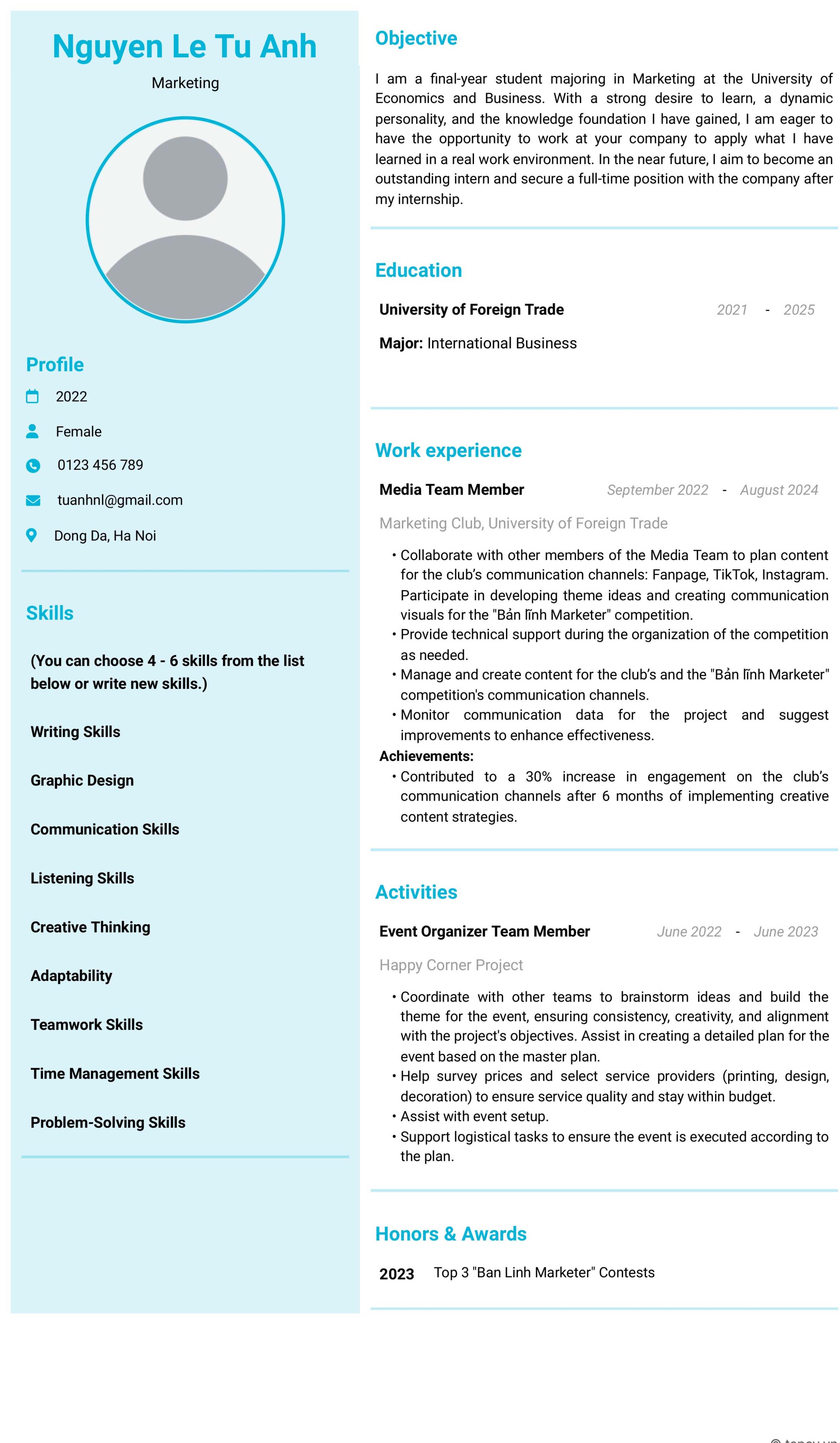 Mẫu CV Marketing tiếng Anh dành cho Thực tập sinh