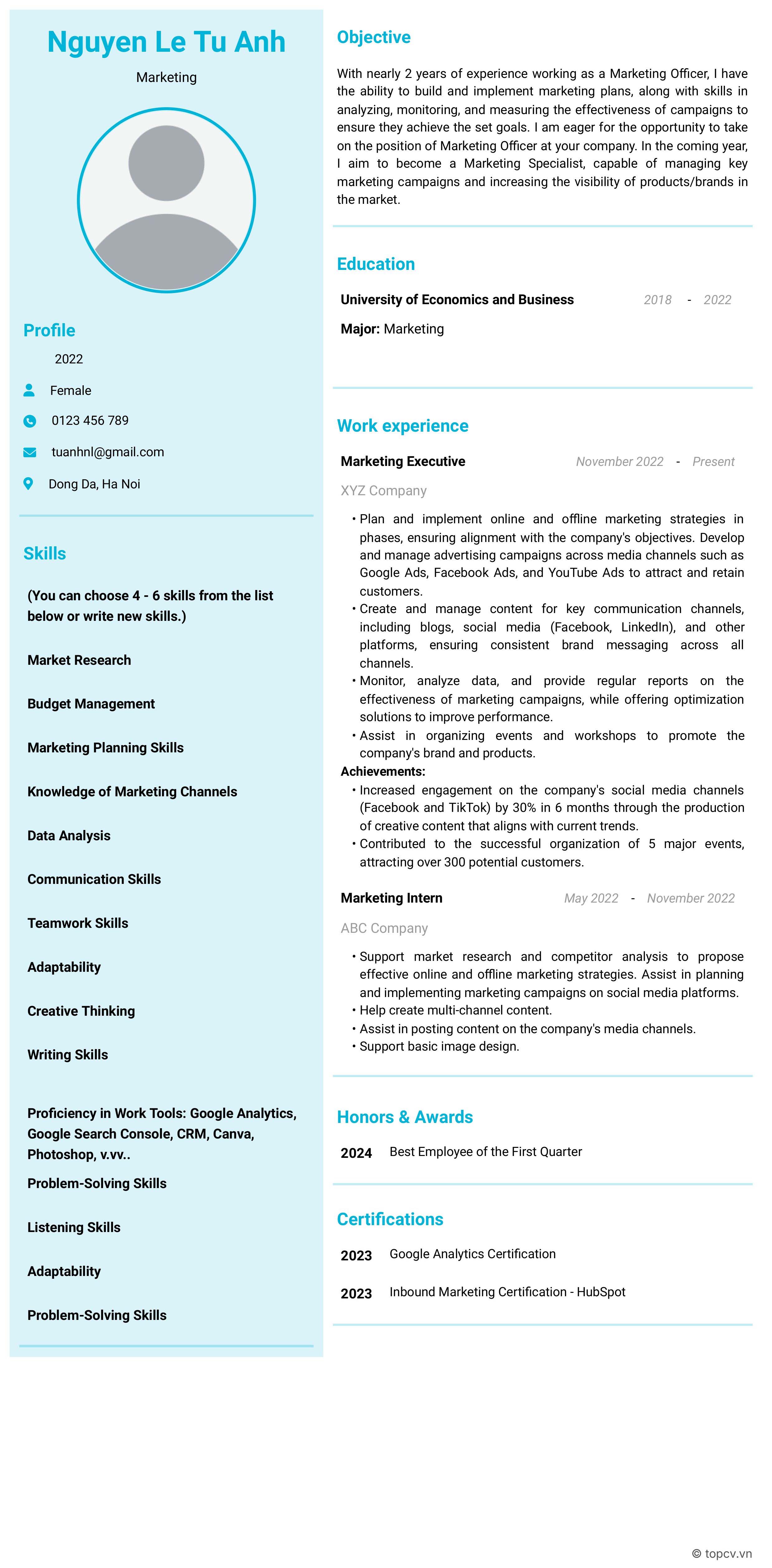 Mẫu CV Marketing tiếng Anh dành cho ứng viên đã có kinh nghiệm (1 - 2 năm)