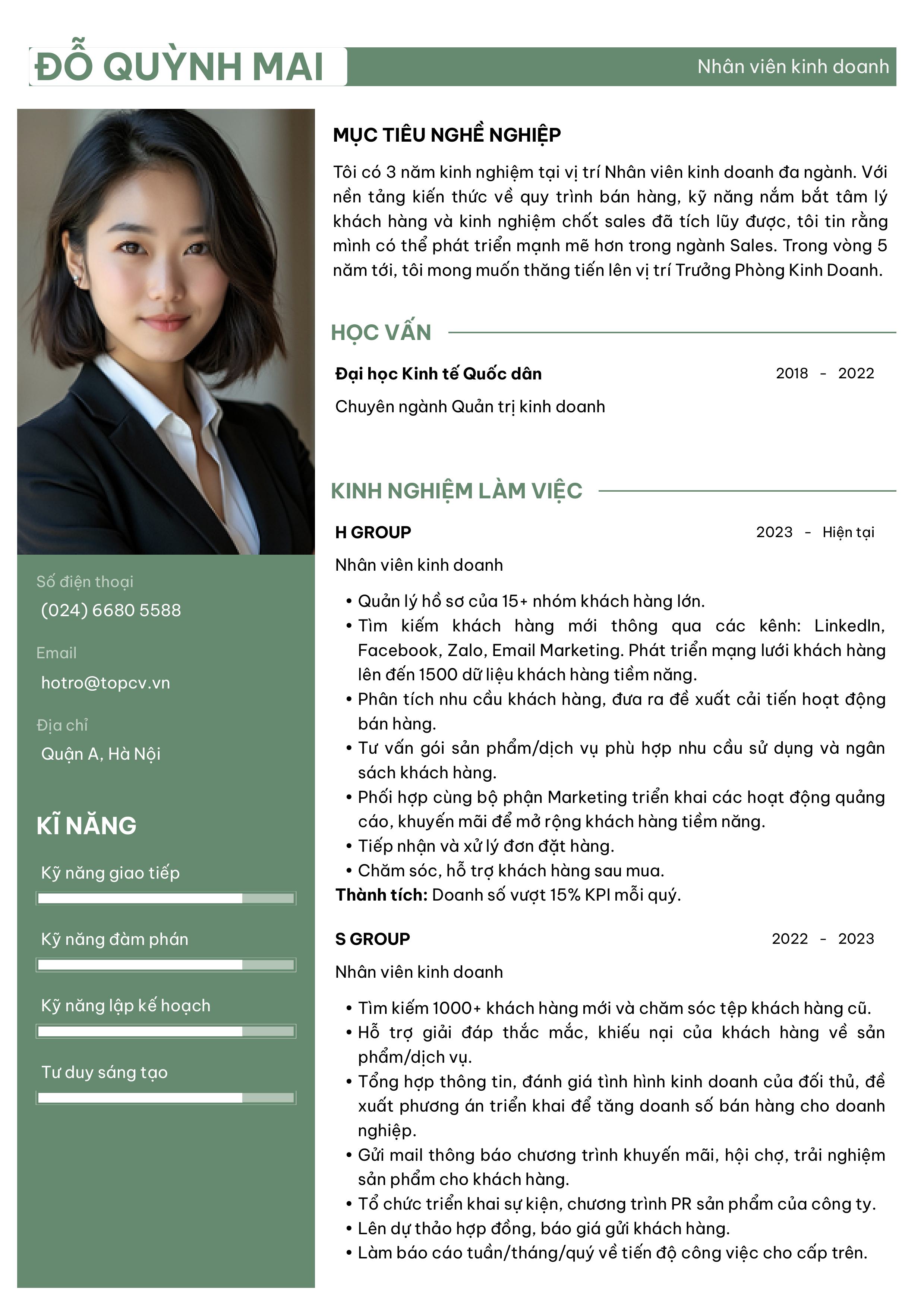 Mẫu CV Nhân viên kinh doanh