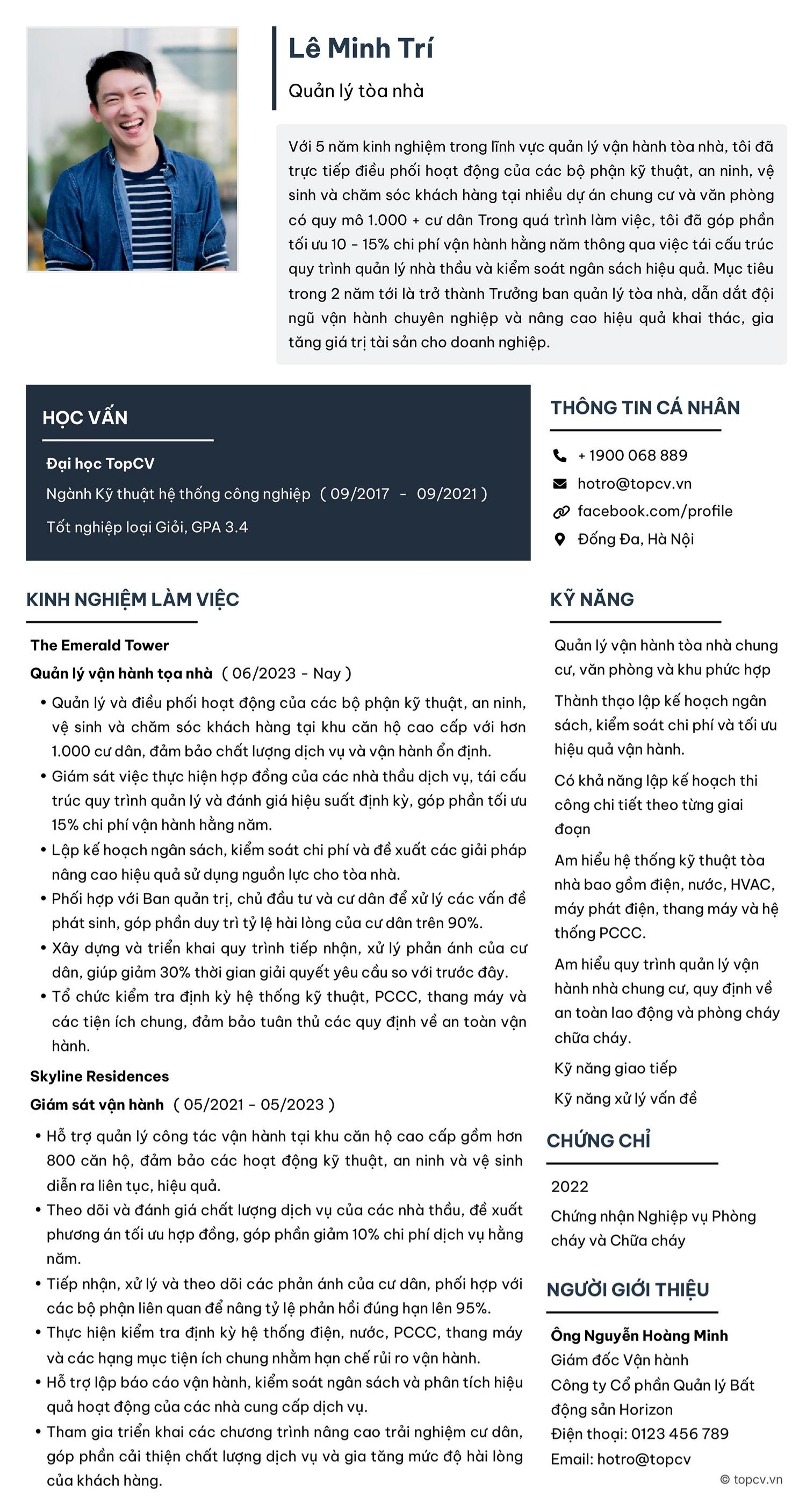 Mẫu CV Quản lý tòa nhà dành cho ứng viên đã có kinh nghiệm
