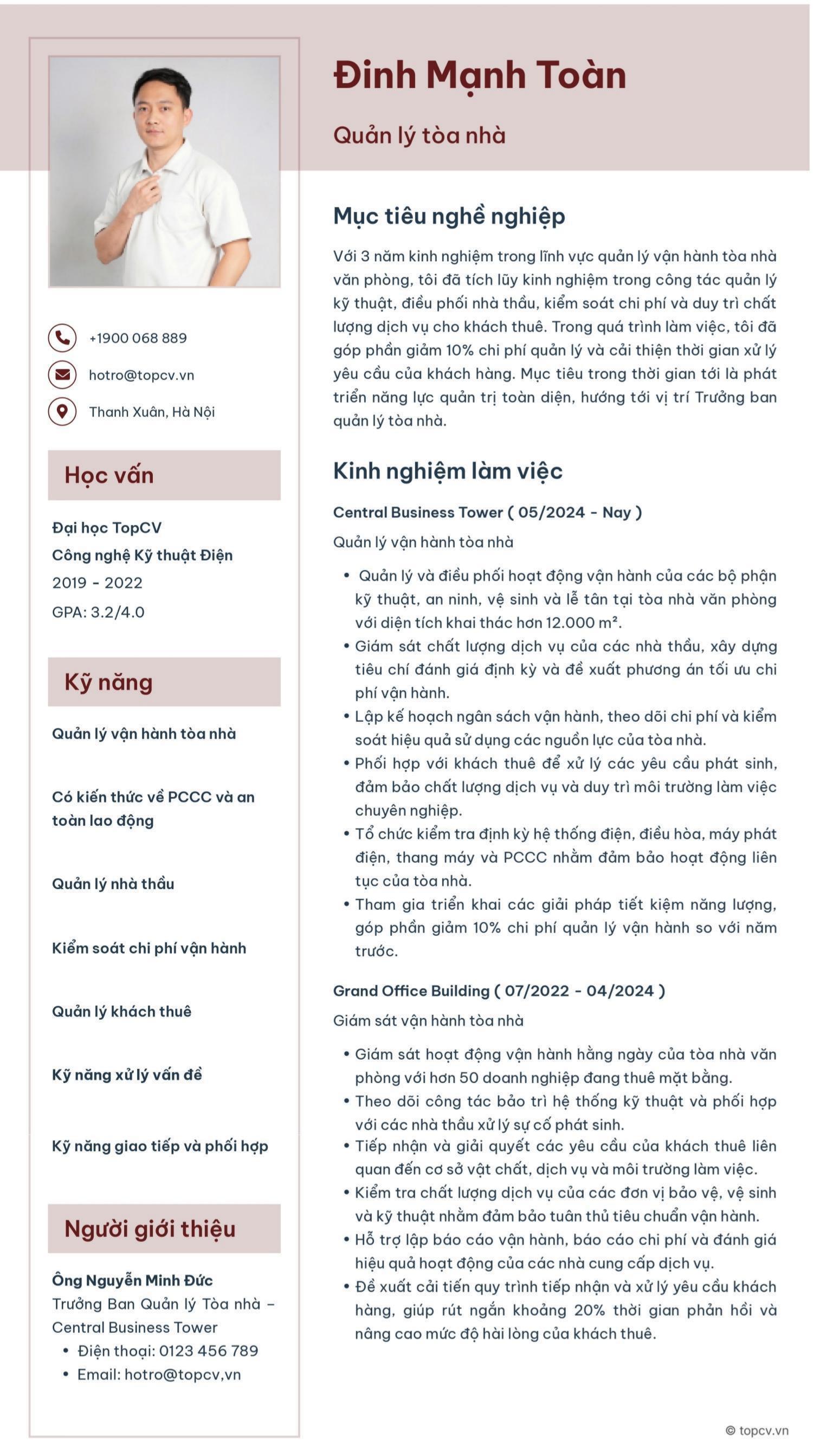 Mẫu CV Quản lý tòa nhà dành cho ứng viên đã có kinh nghiệm