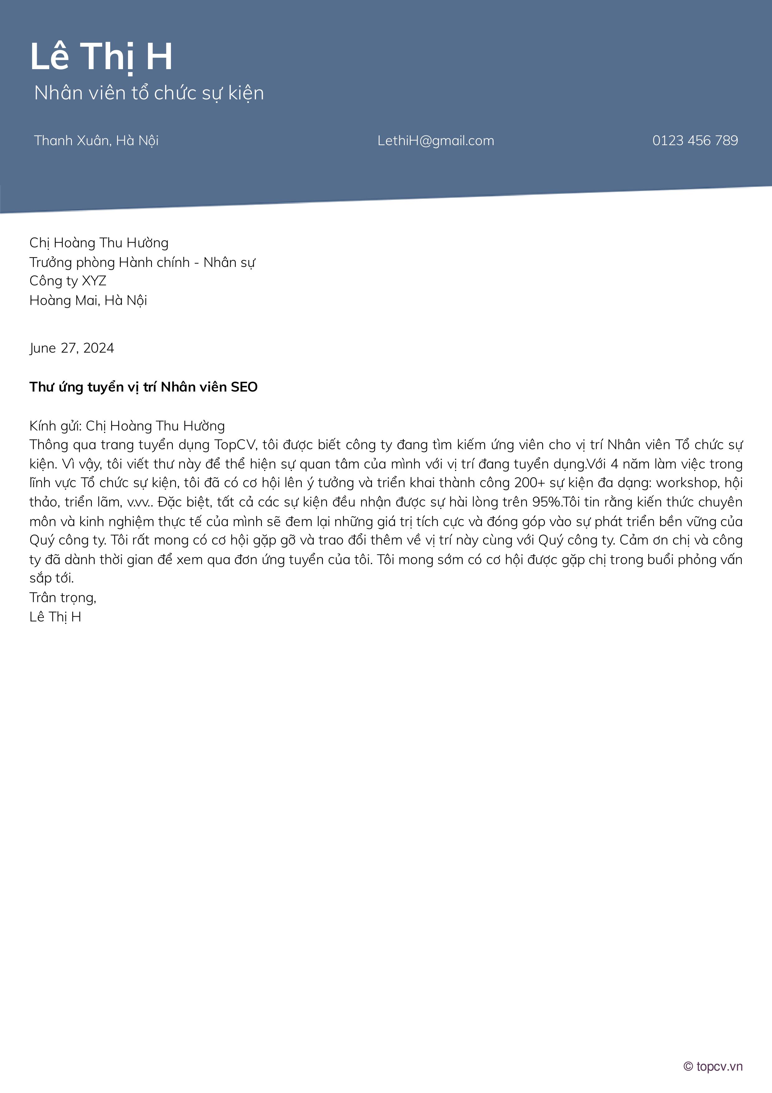 Mẫu Cover letter Tổ chức sự kiện - Tiếng Anh