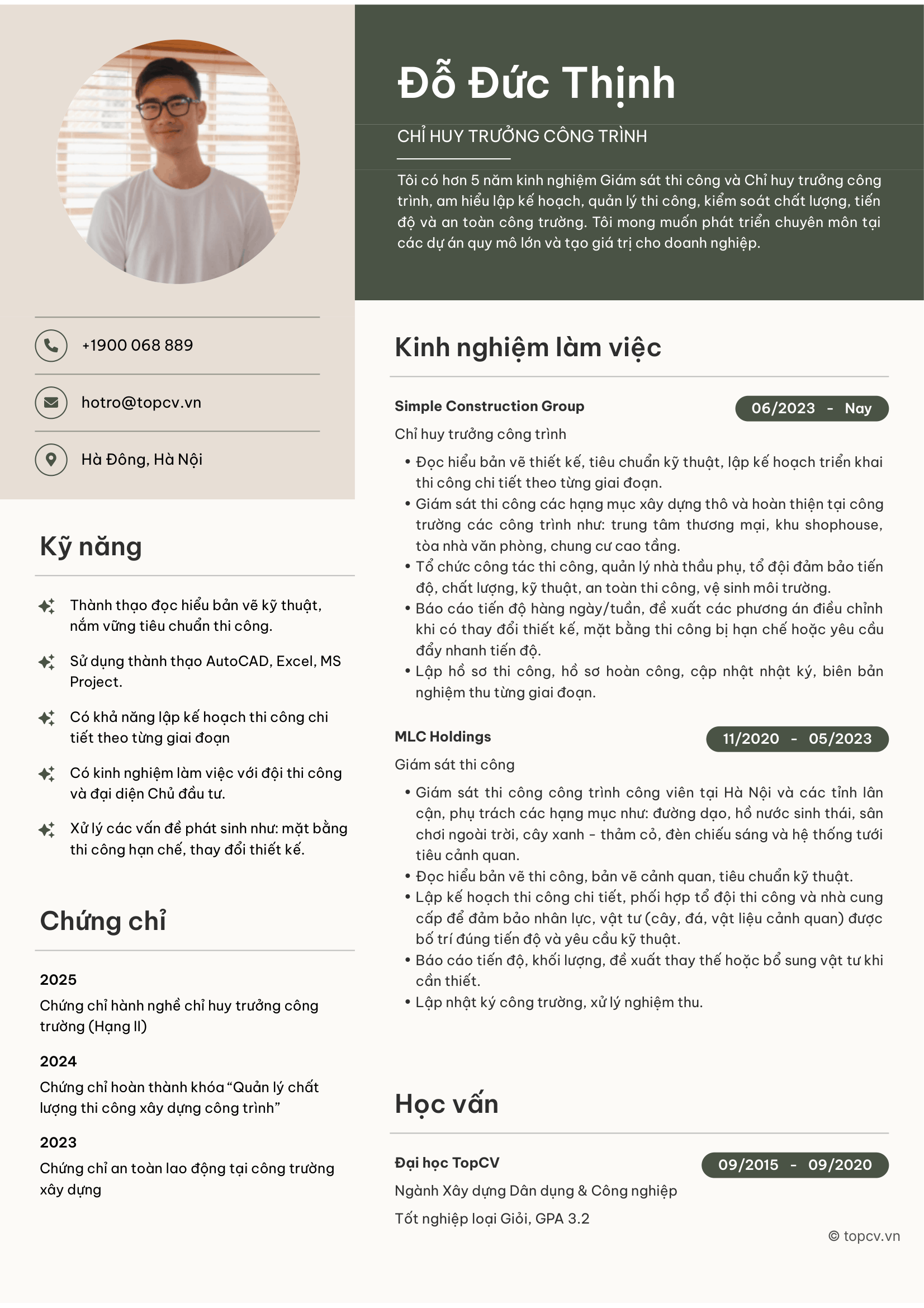 Mẫu CV Chỉ huy trưởng công trình chuẩn ATS