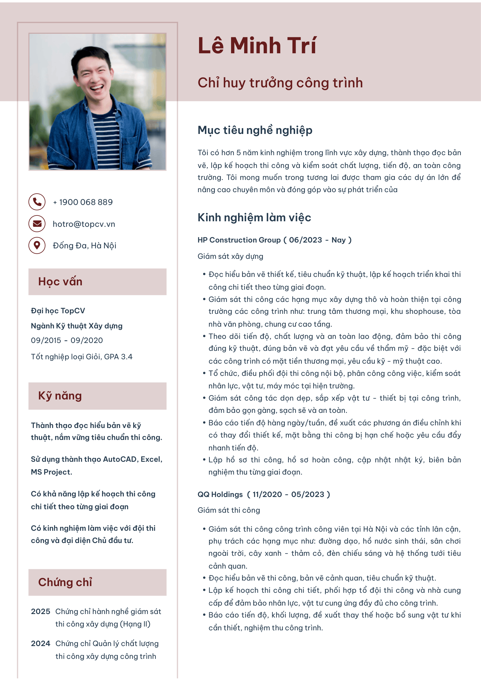 Mẫu CV Chỉ huy trưởng công trình chuyên nghiệp
