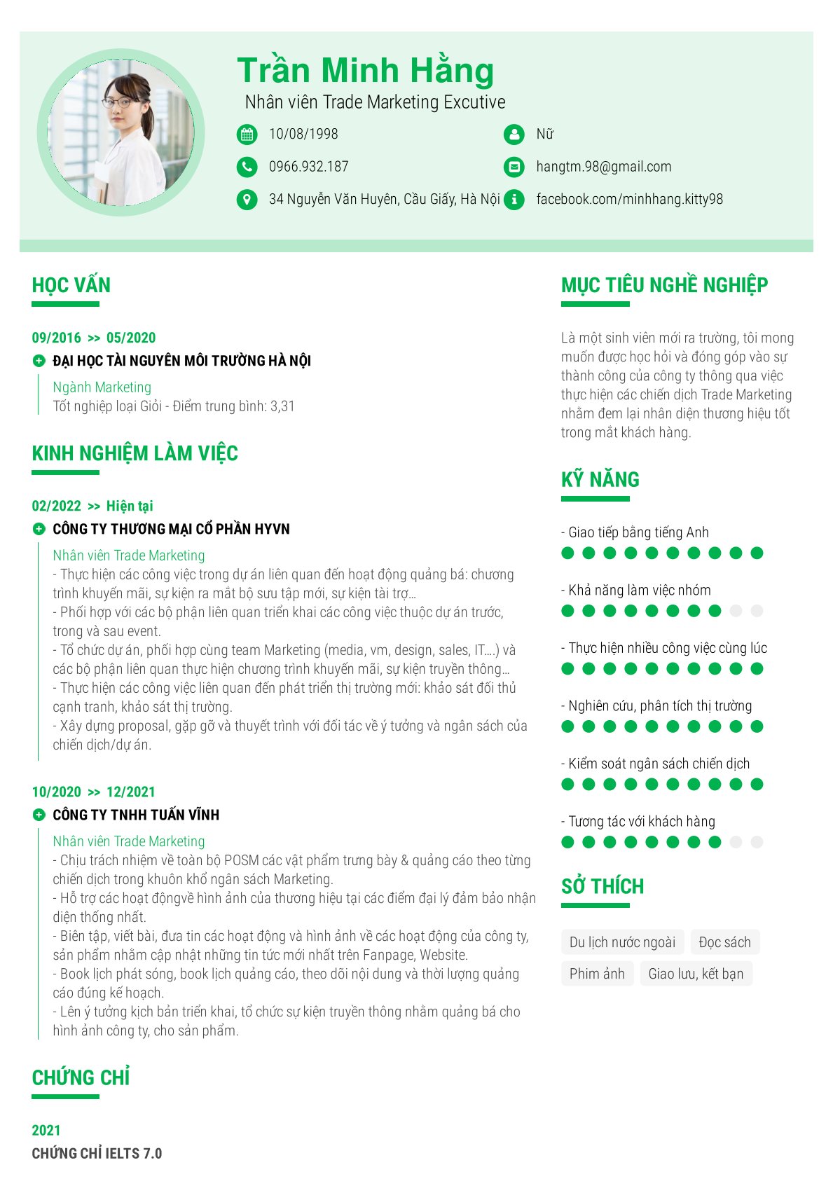Mẫu CV cho vị trí Trade Marketing Executive