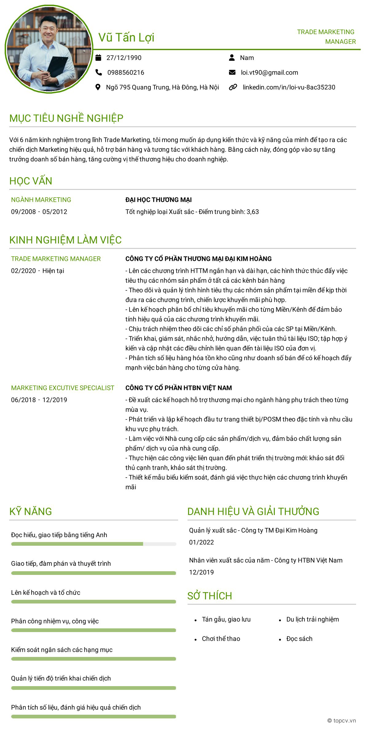 Mẫu CV cho vị trí Trade Marketing Manager