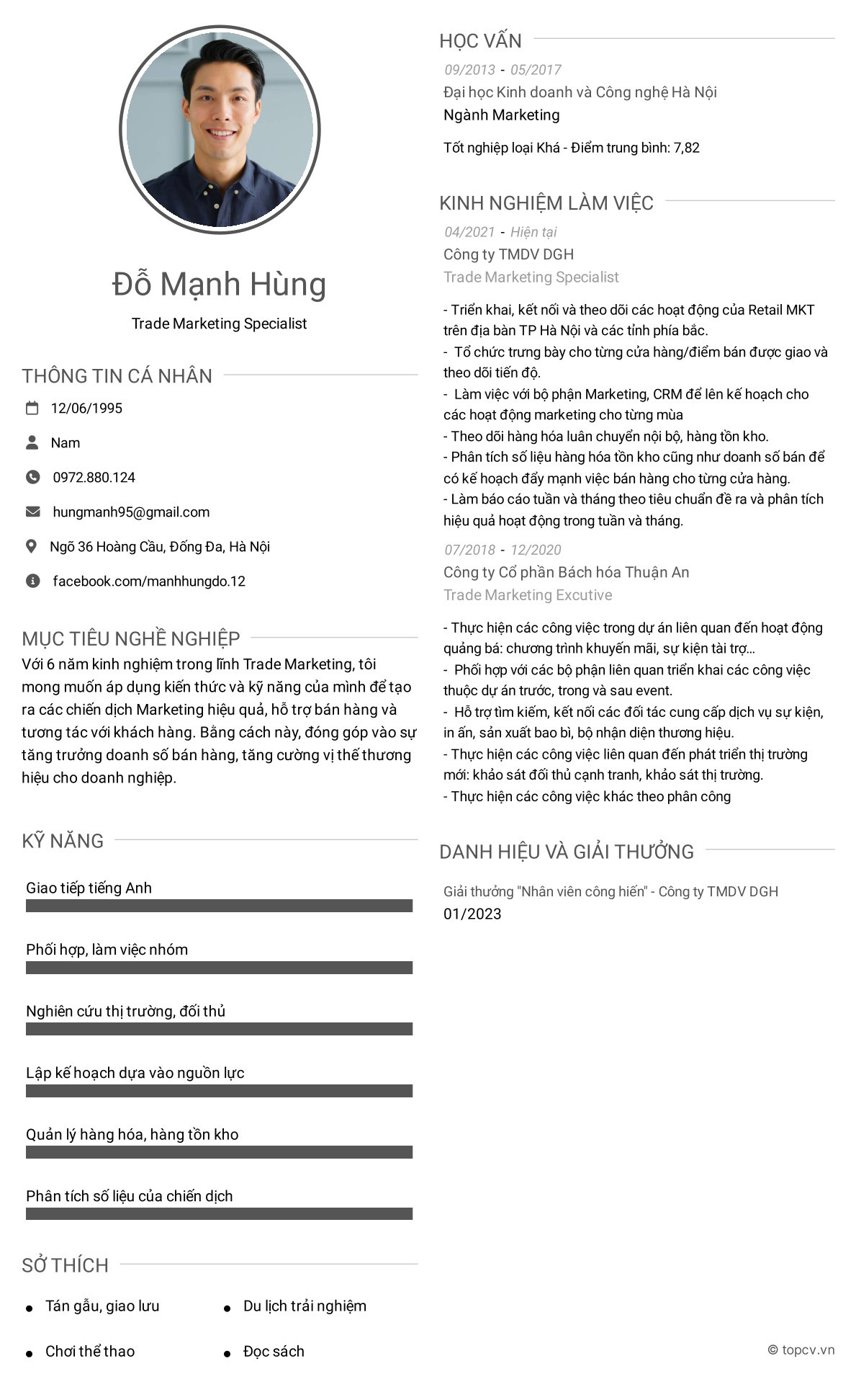 Mẫu CV ứng tuyển cho vị trí Trade Marketing Specialist