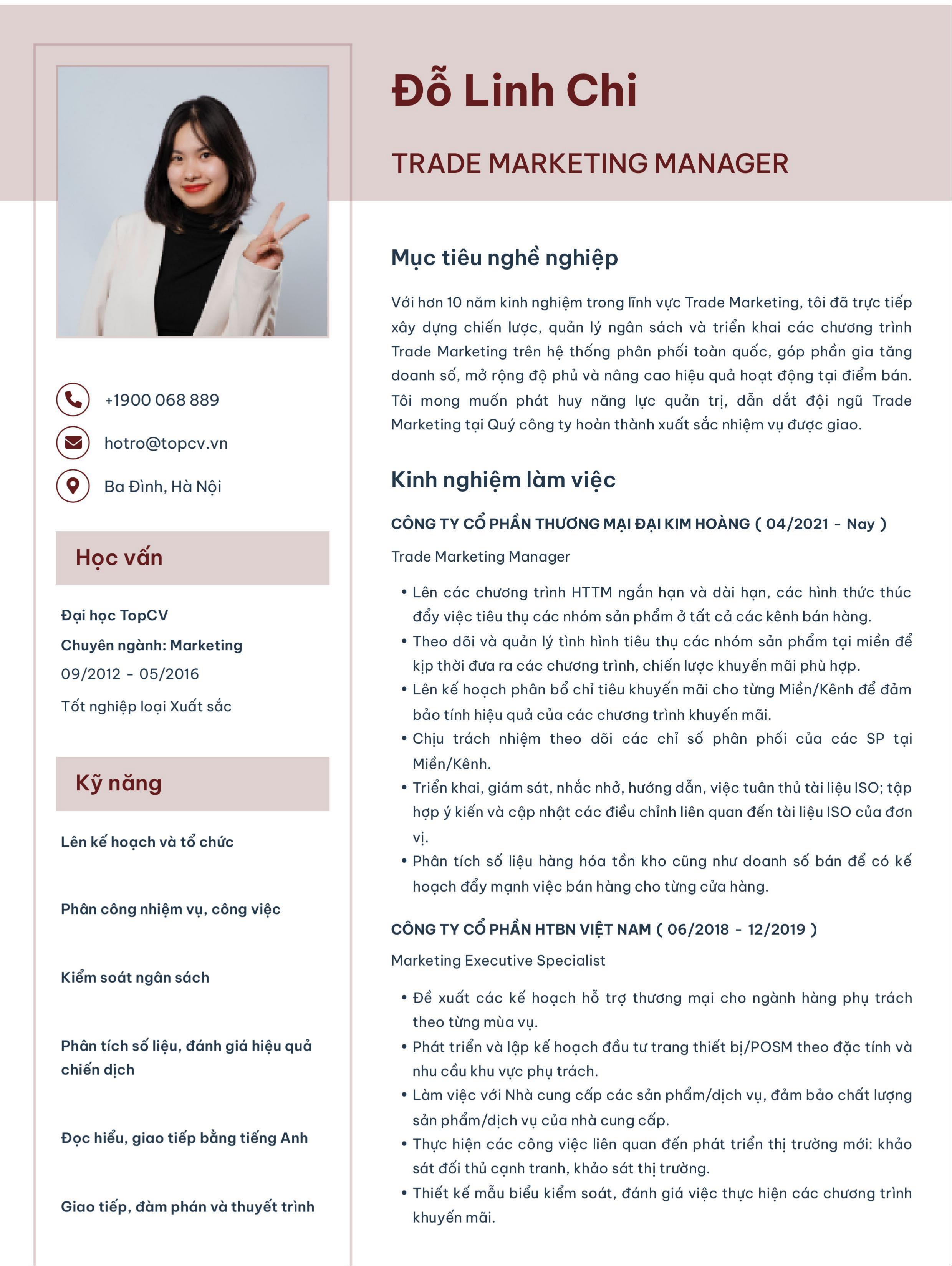 Mẫu CV cho vị trí Trade Marketing Manager
