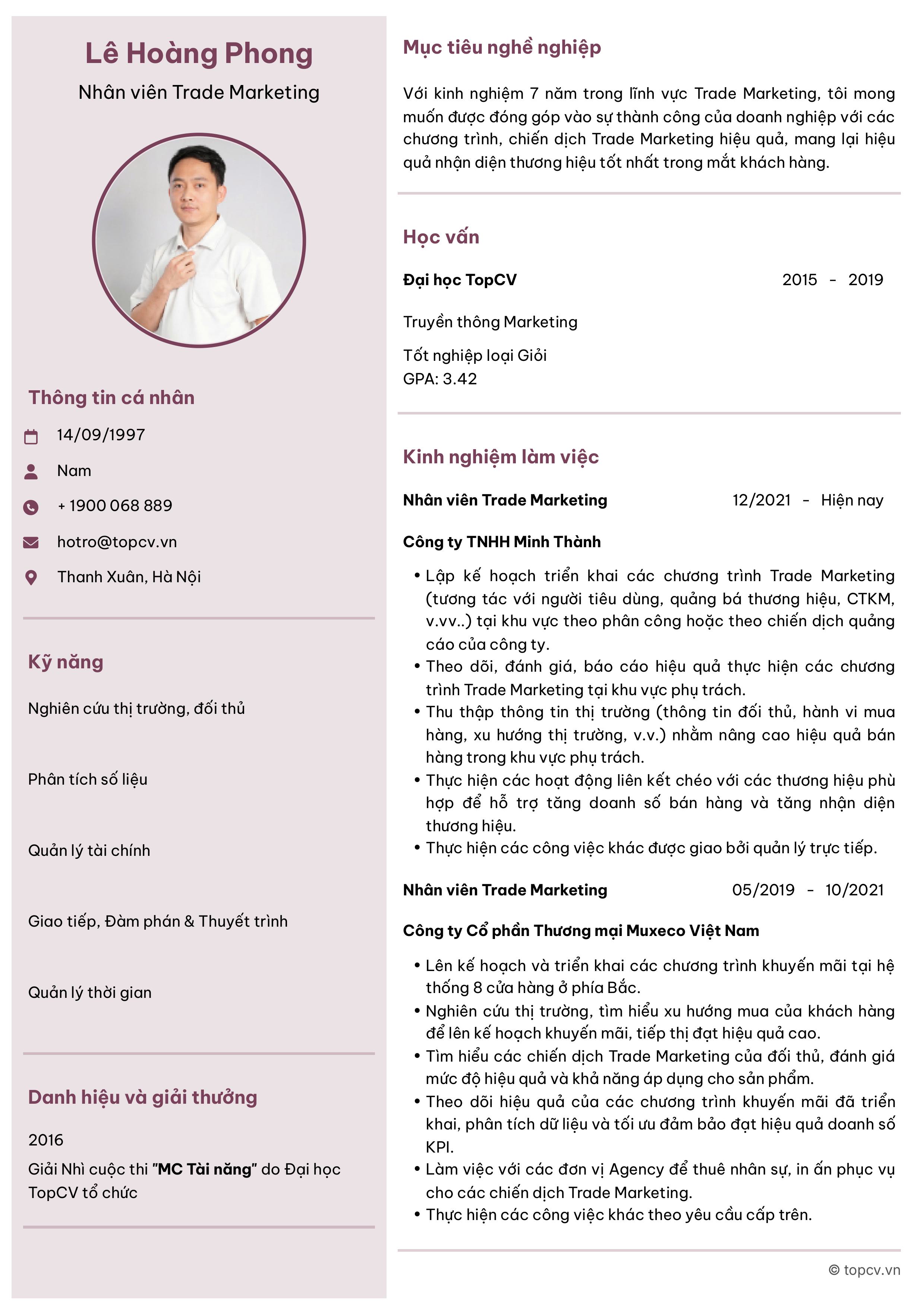 Mẫu CV Trade Marketing bằng tiếng Việt