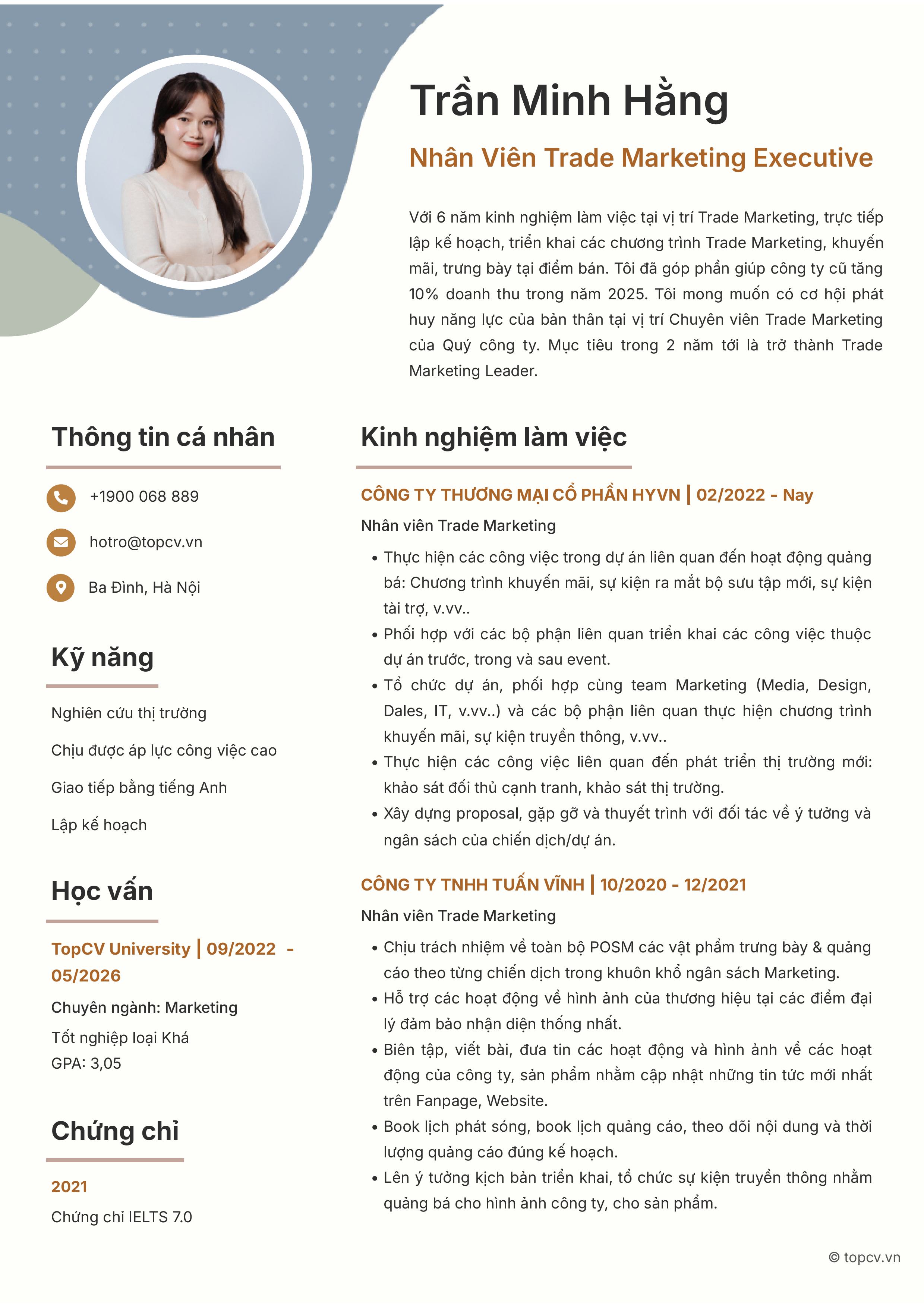 Mẫu CV cho vị trí Trade Marketing Executive