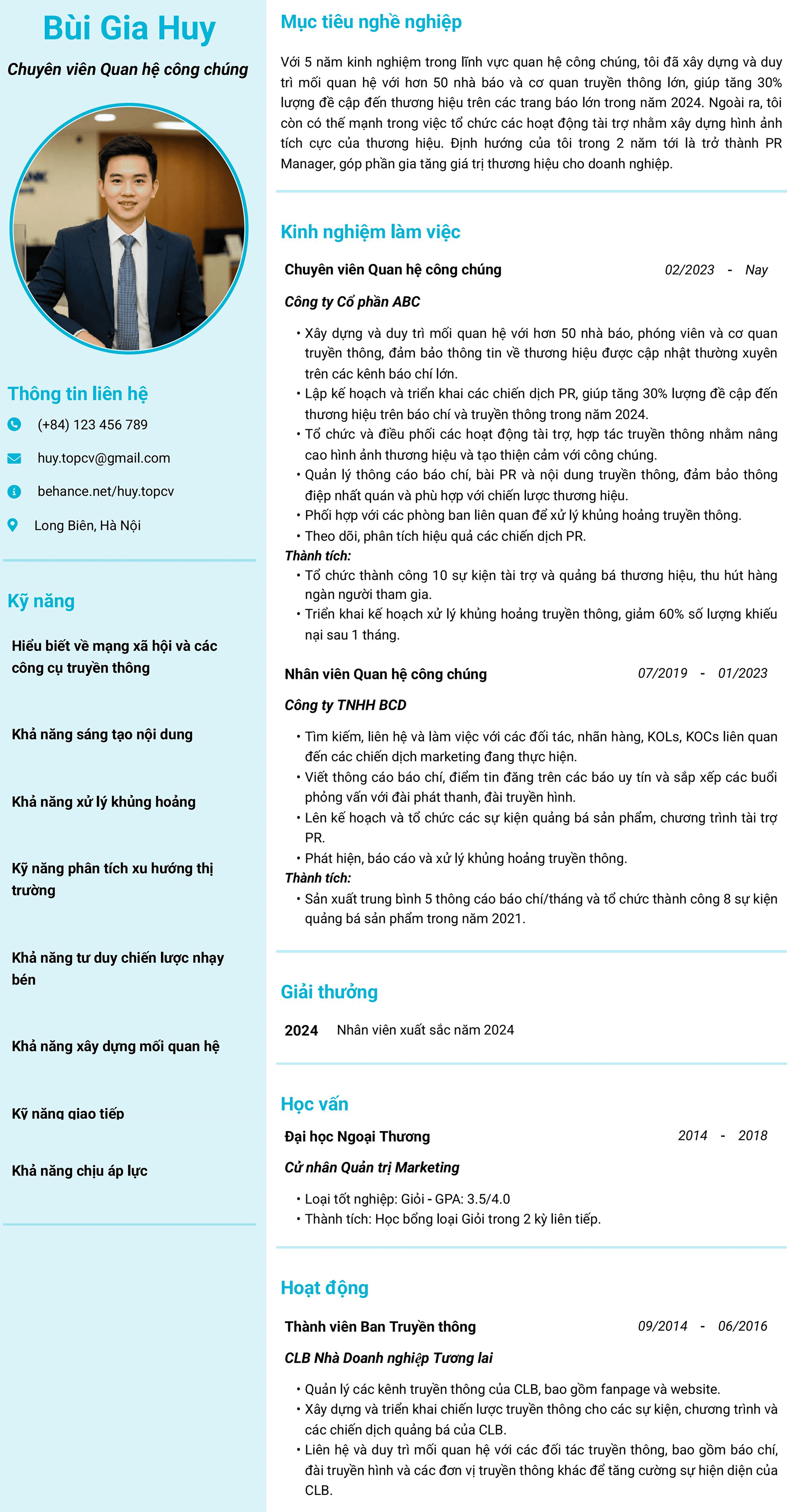 Mẫu CV Chuyên viên quan hệ công chúng (PR)