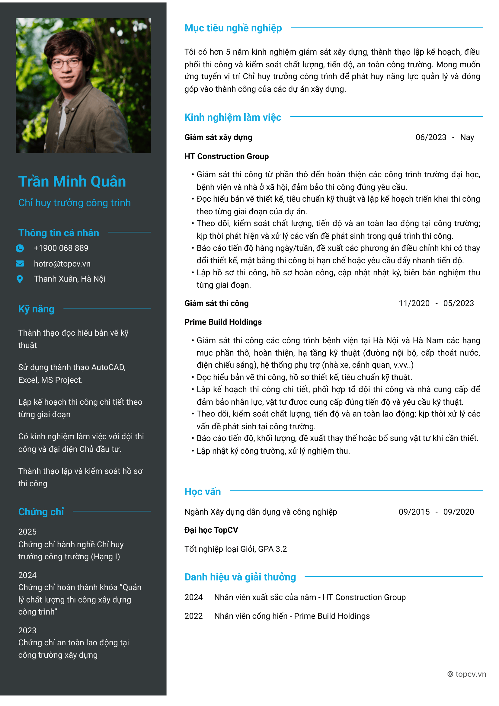 Mẫu CV Chỉ huy trưởng công trình đơn giản