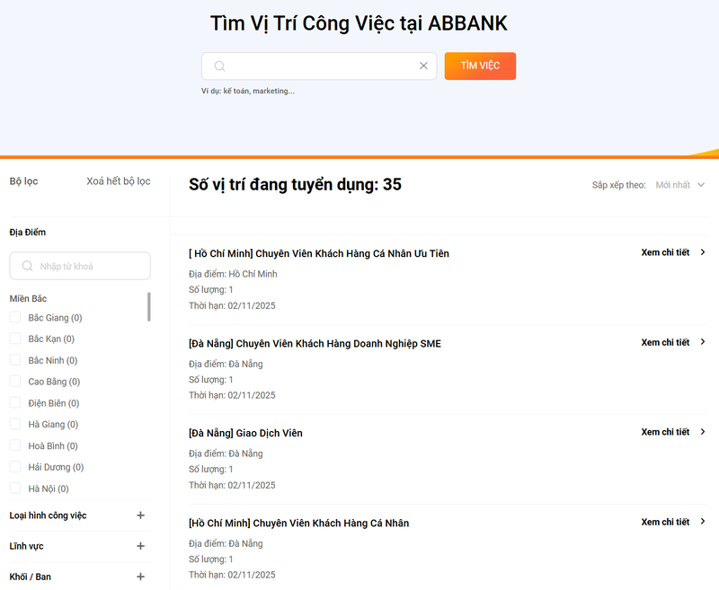 Ứng tuyển vào ABBank qua website tuyển dụng của ngân hàng