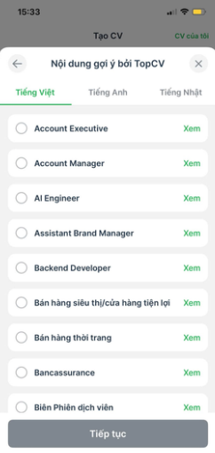 Nội dung CV được TopCV gợi ý