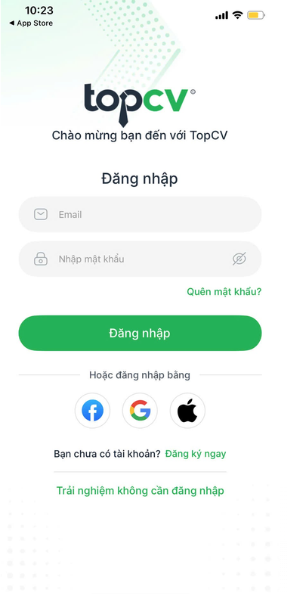 Đăng ký/Đăng nhập tài khoản vào ứng dụng TopCV