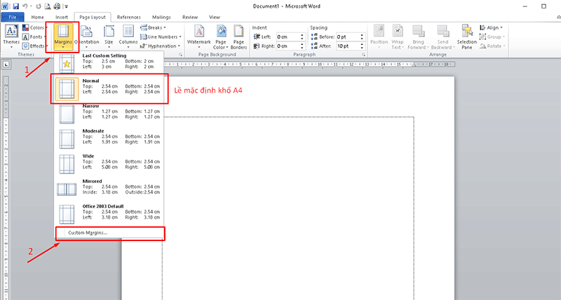 Điều chỉnh bằng cách Chọn Margins >> Chọn Custom Margins