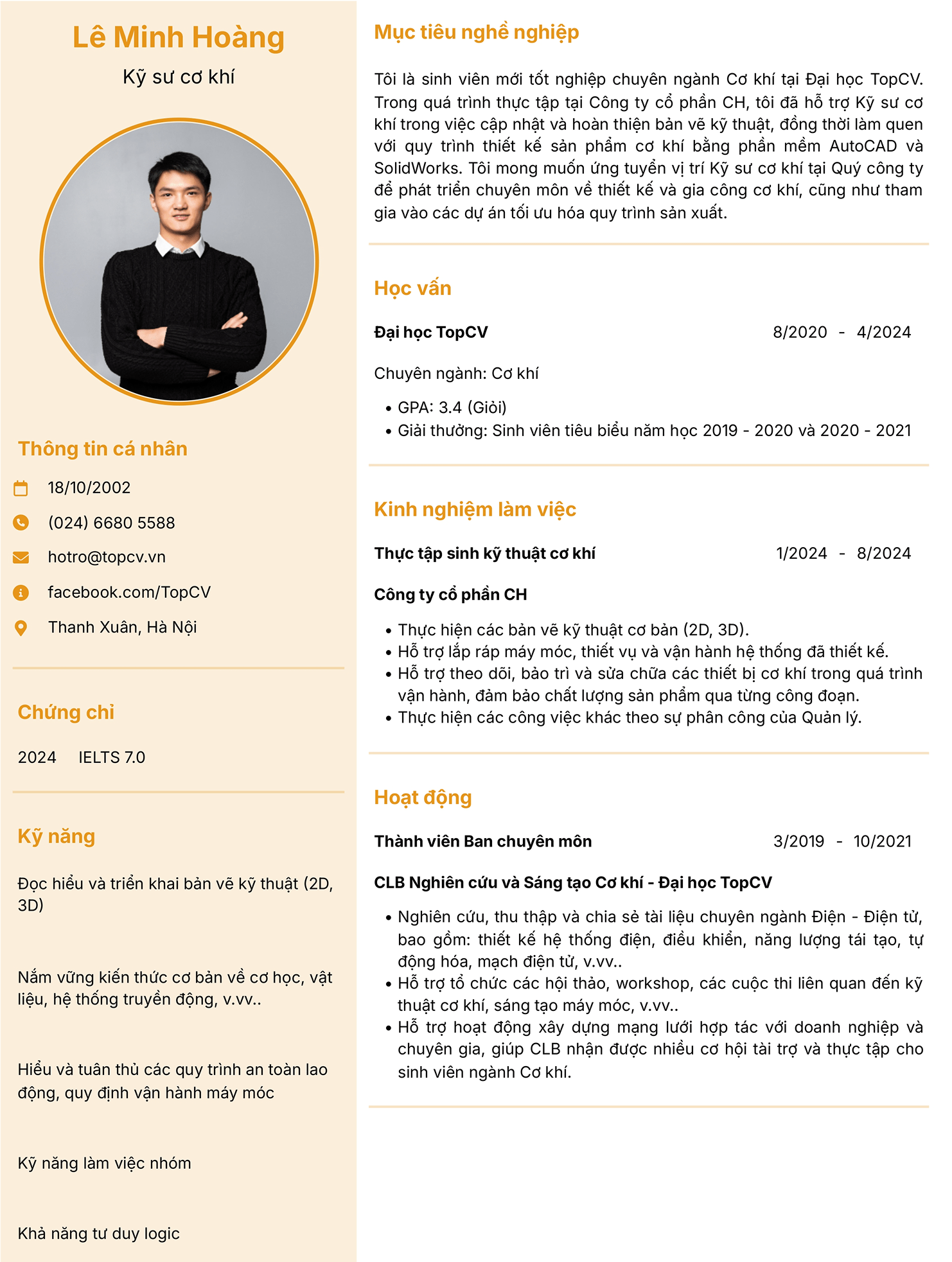 Mẫu CV Kỹ sư cơ khí dành cho người có ít kinh nghiệm