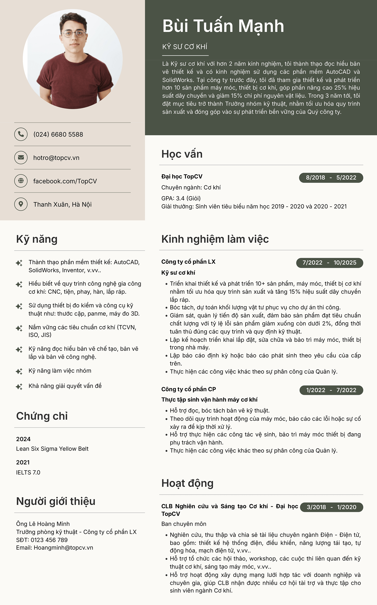 Mẫu CV Kỹ sư cơ khí chuẩn