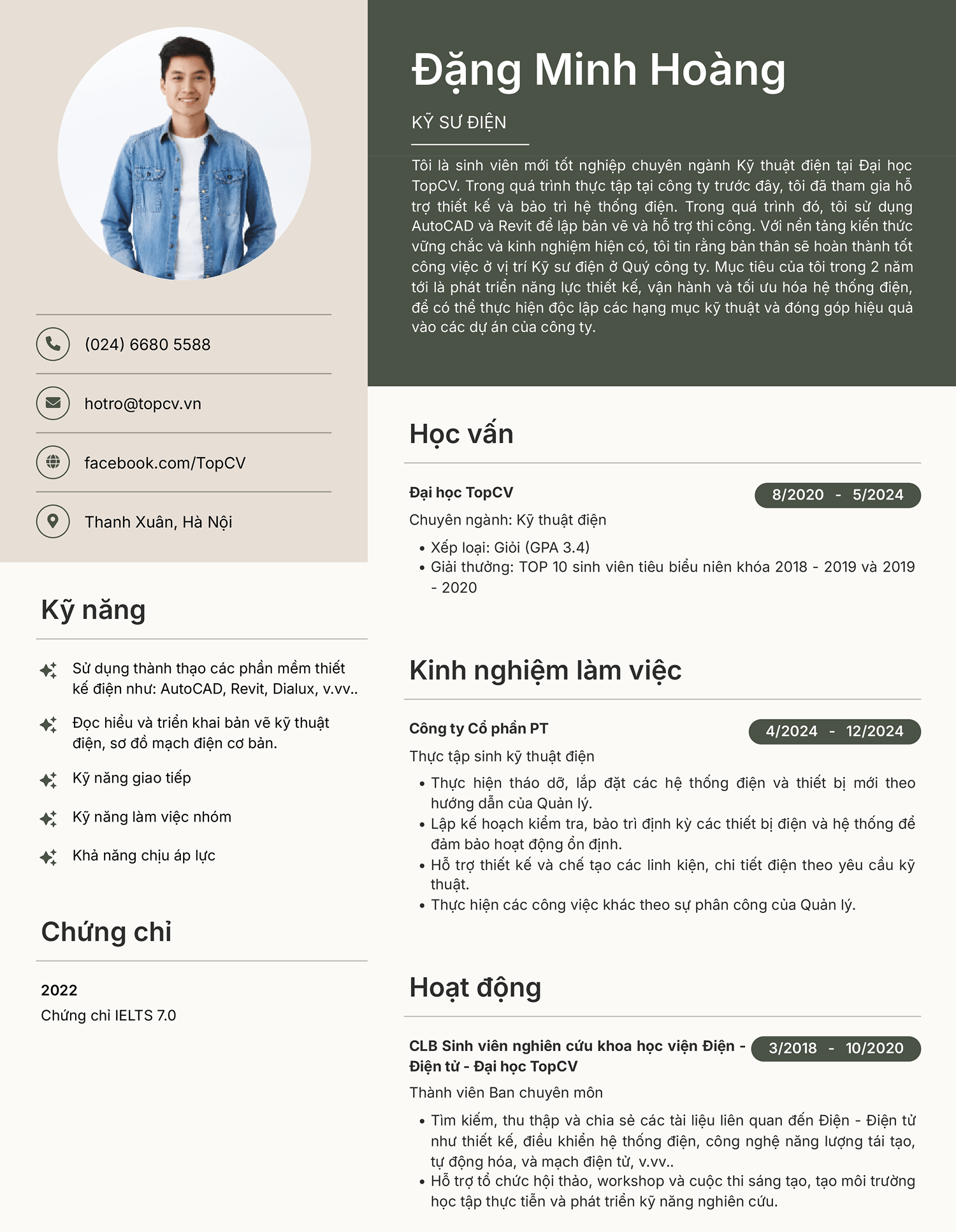 Mẫu CV Kỹ sư điện dành cho ứng viên mới ra trường