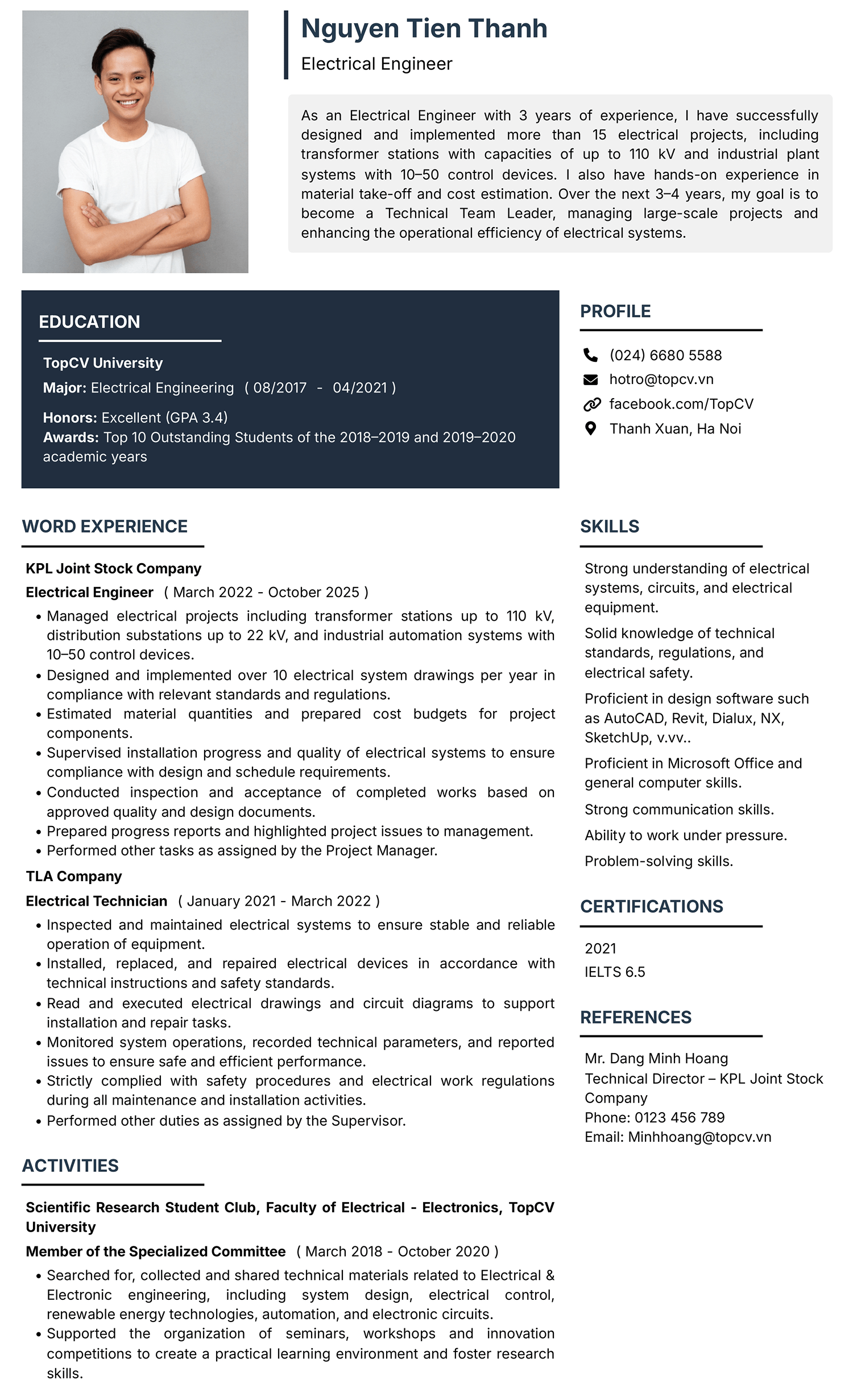 Mẫu CV Kỹ sư điện chuyên nghiệp bằng tiếng Anh