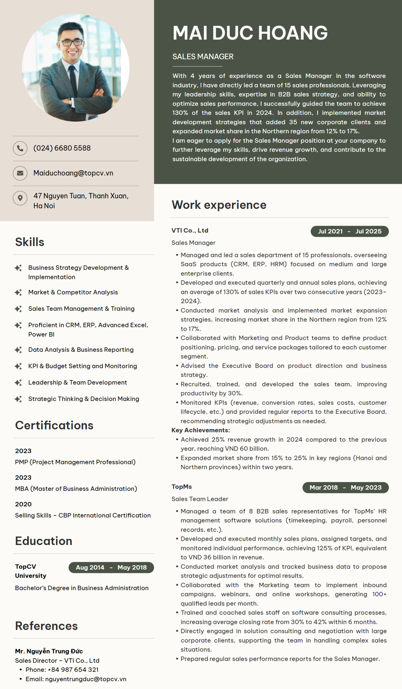 Mẫu CV Trưởng phòng kinh doanh tiếng Anh