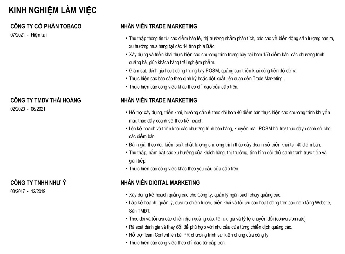 Mục kinh nghiệm làm việc là phần nội dung chính để nhà tuyển dụng đánh giá năng lực và mức độ phù hợp của ứng viên