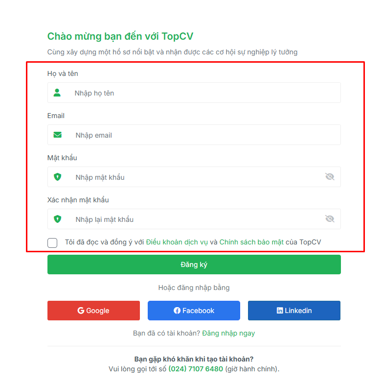 Biểu mẫu đăng ký tài khoản trên TopCV