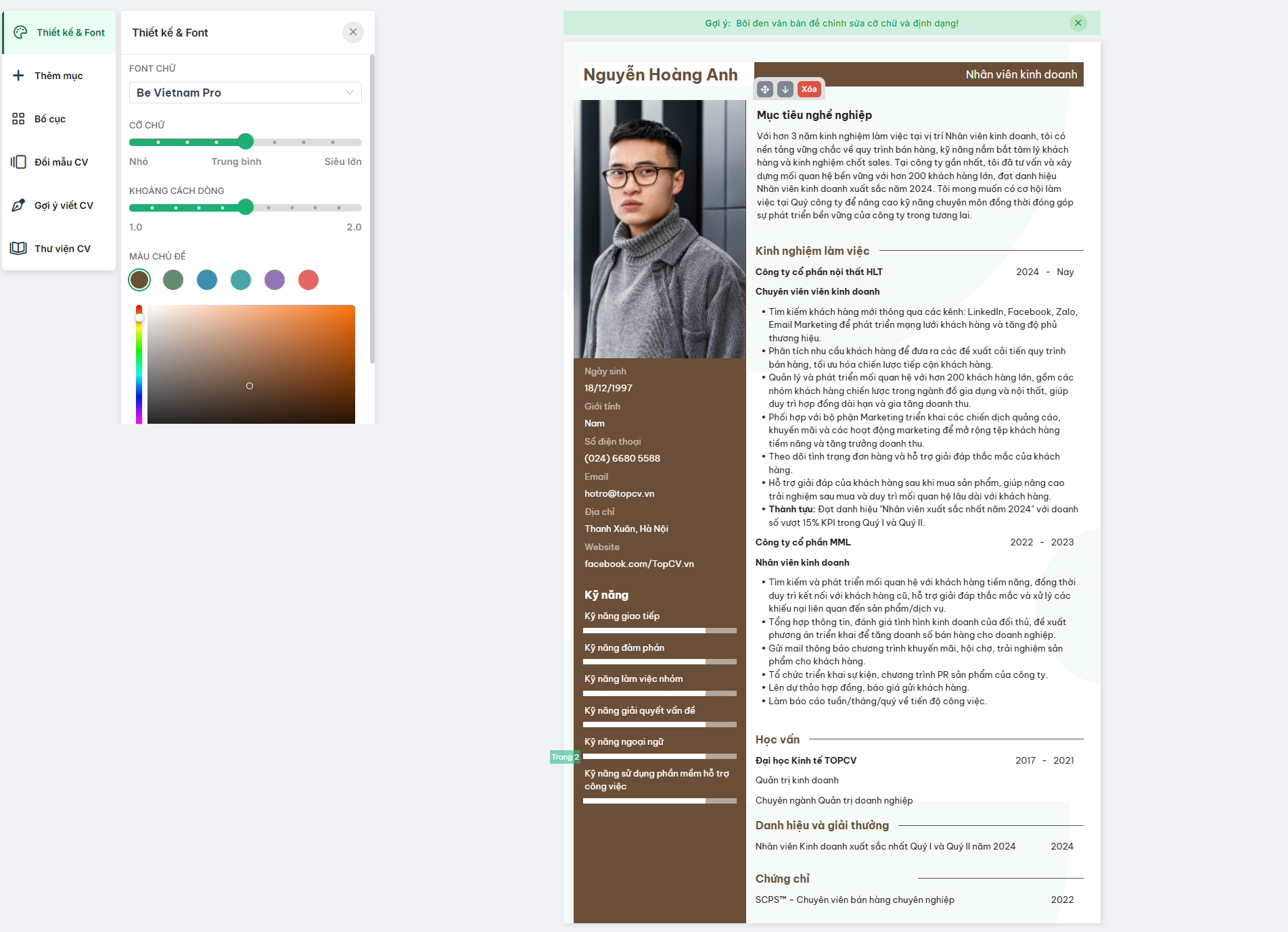 Giao diện tạo CV của TopCV