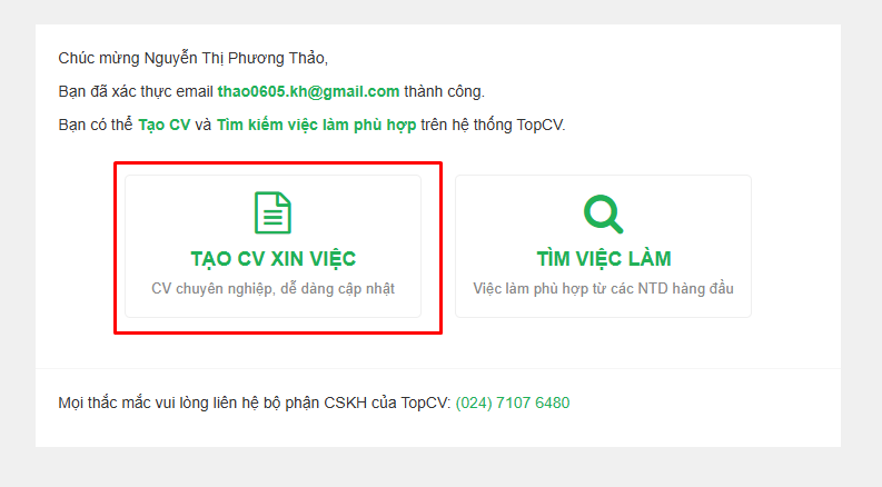 Tạo CV xin việc sau khi xác nhận tài khoản