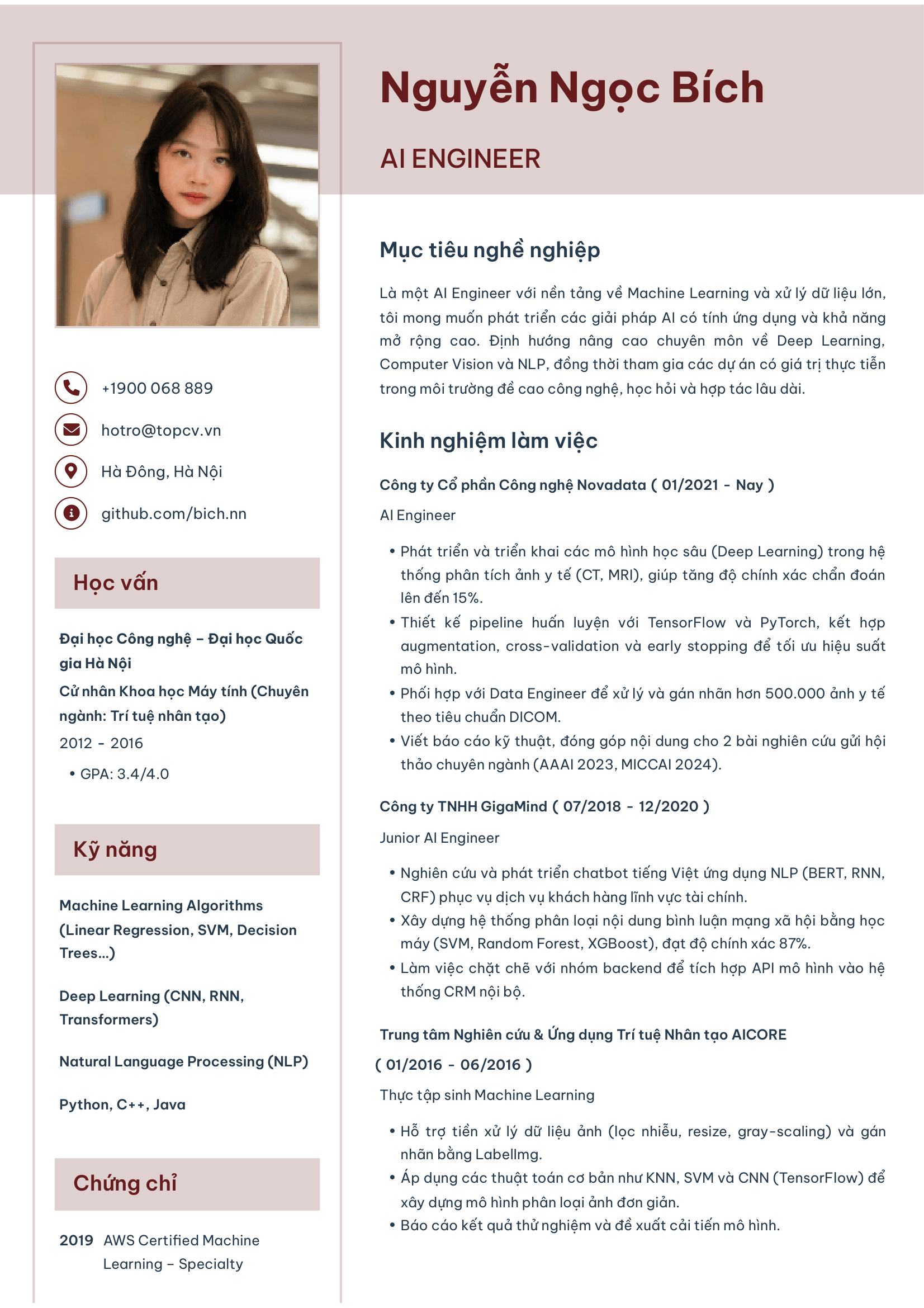 Mẫu CV AI Engineer hiện đại