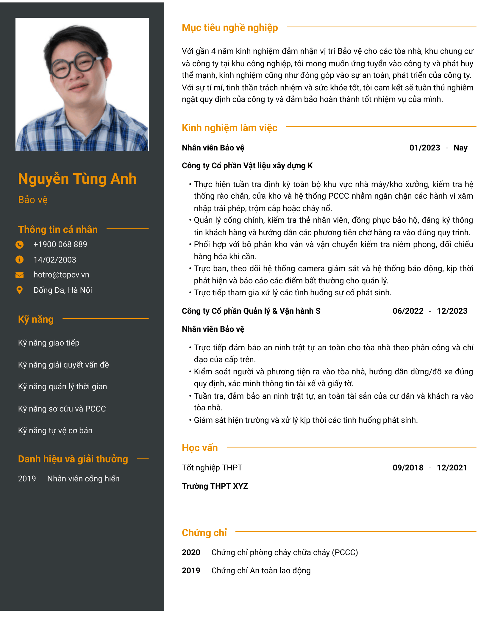Mẫu CV Bảo vệ chuyên nghiệp