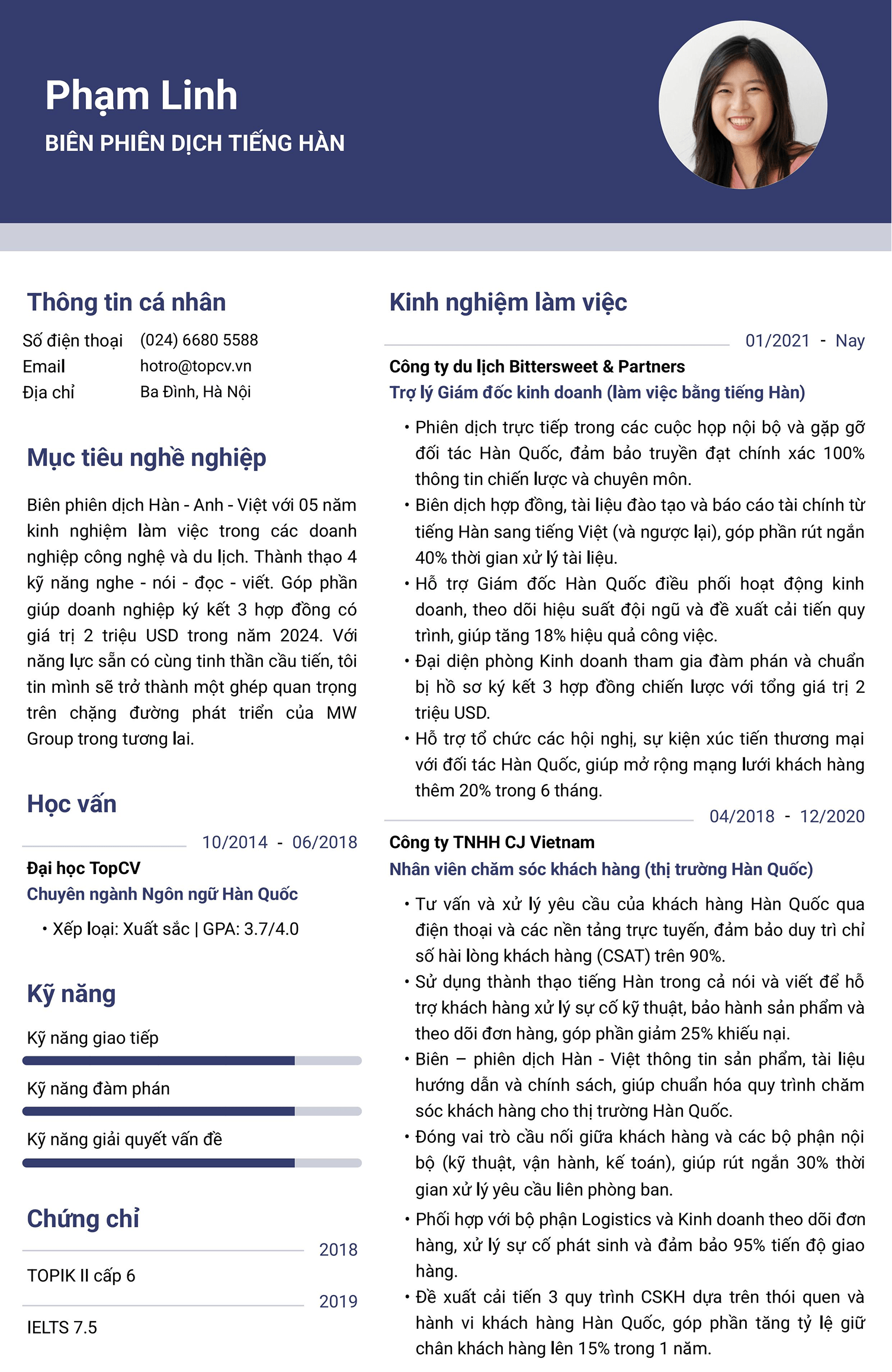 Mẫu CV biên phiên dịch