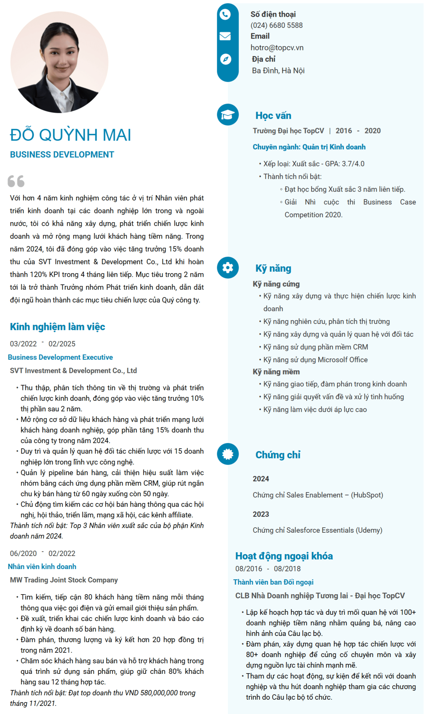 Mẫu CV Business Development Executive