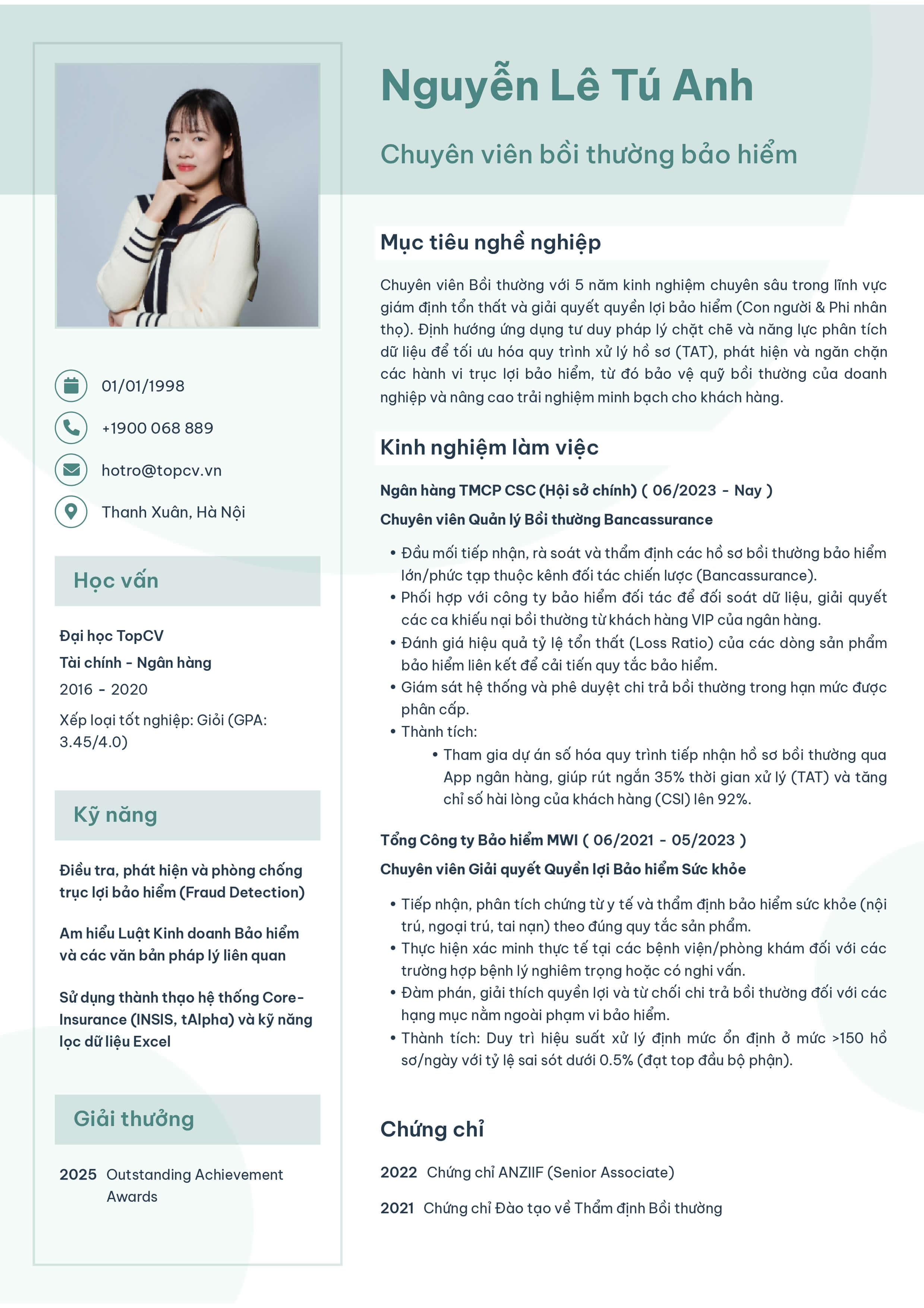 mau cv chuyen vien boi thuong bao hiem
