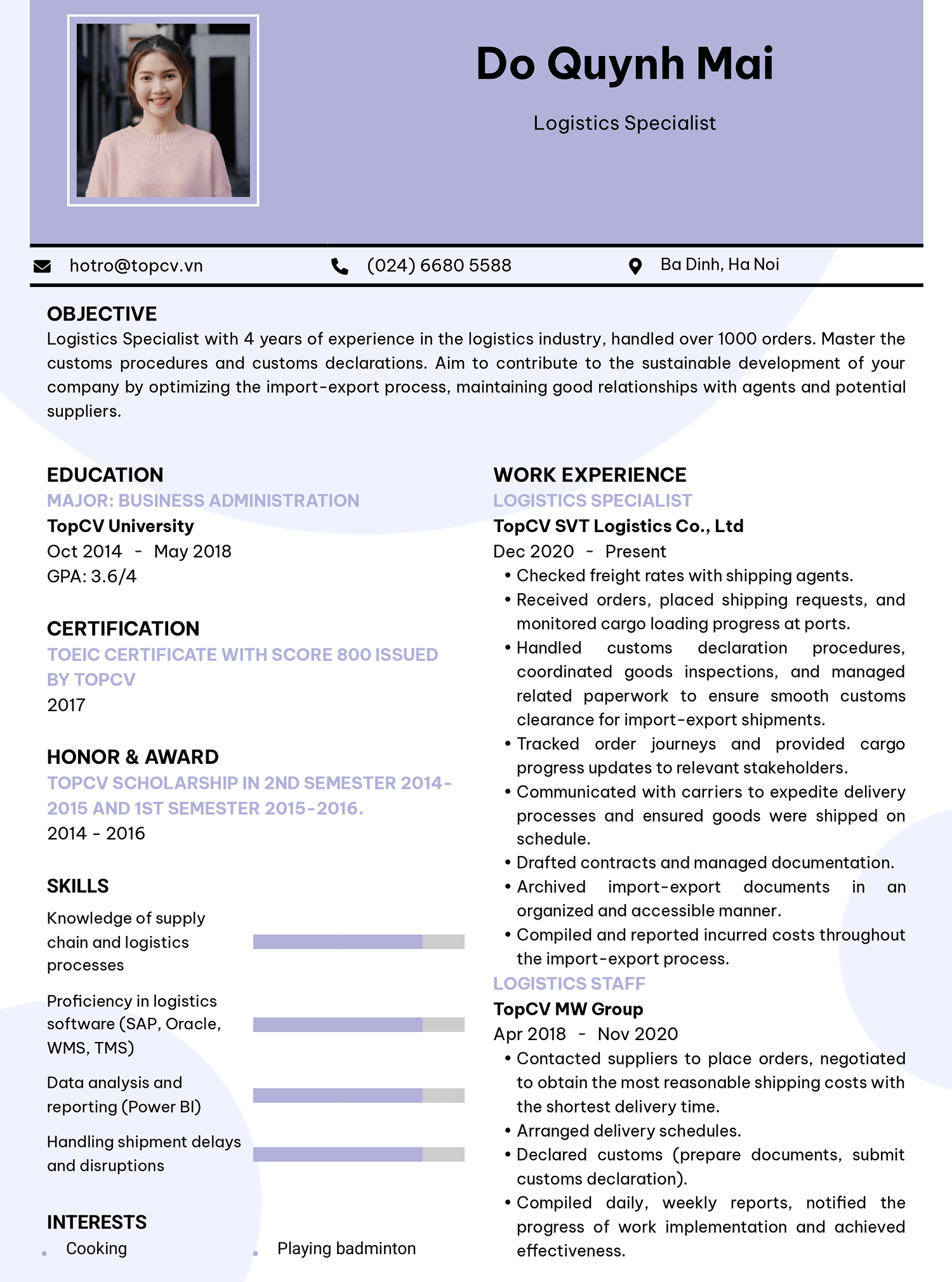 Mẫu CV Chuyên viên Logistics tiếng Anh