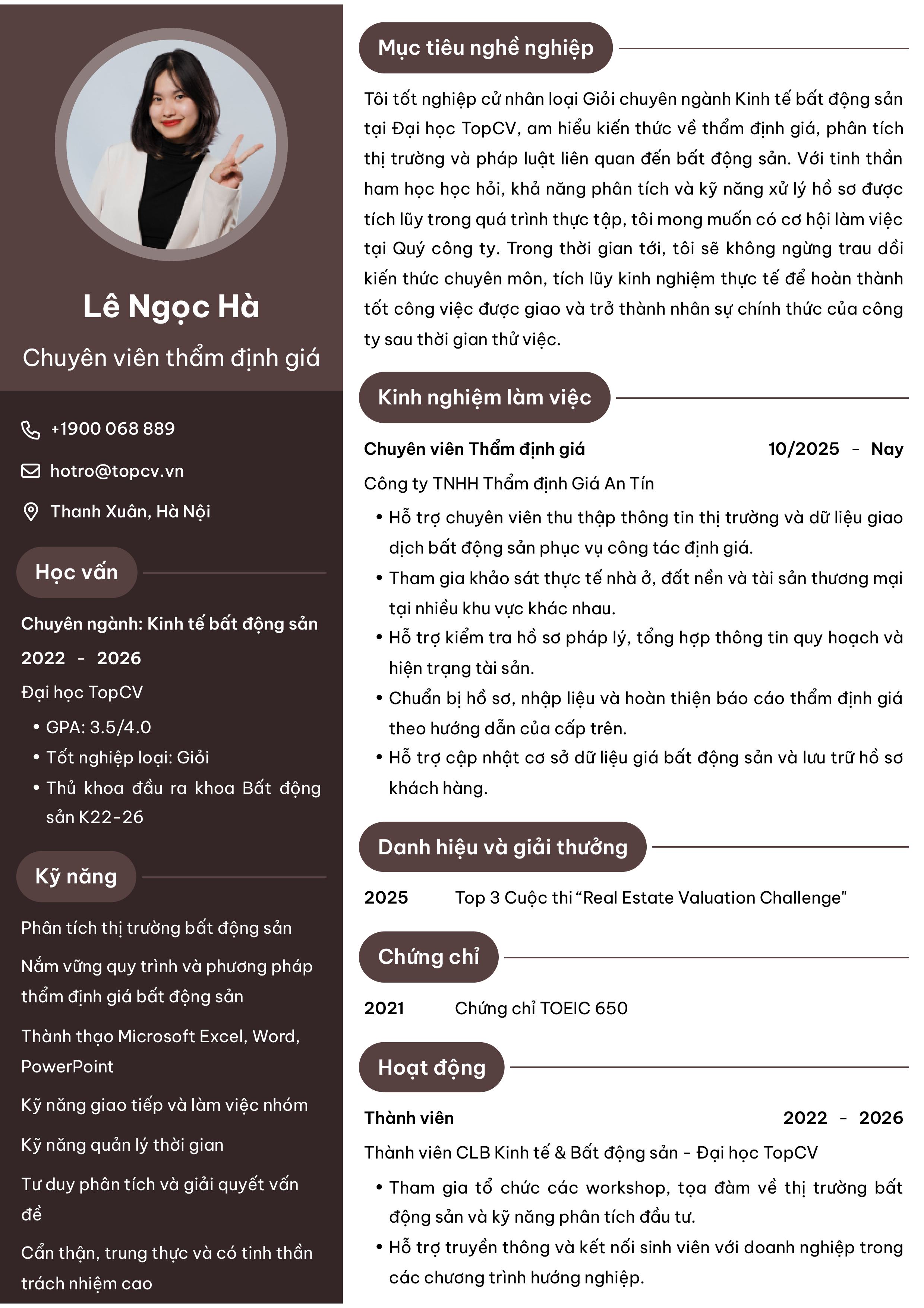 CV Chuyên viên thẩm định giá
