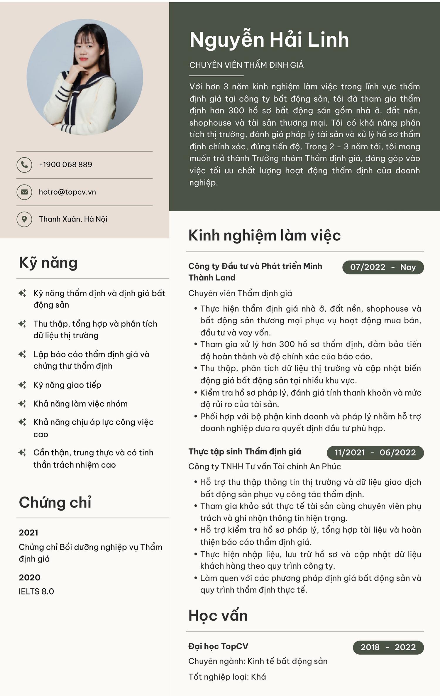 CV Chuyên viên thẩm định giá