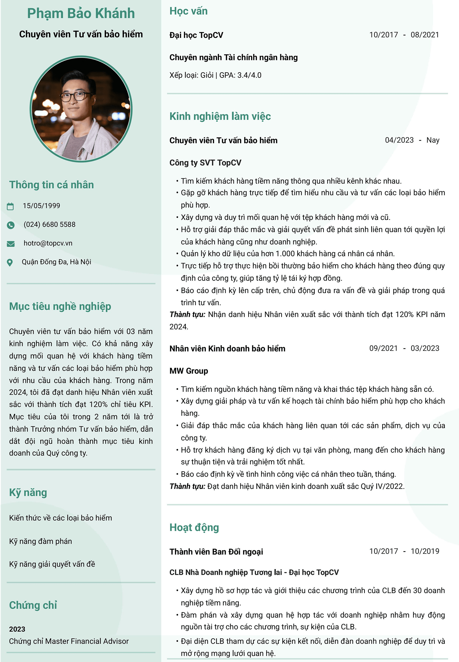 Mẫu CV Tư vấn bảo hiểm