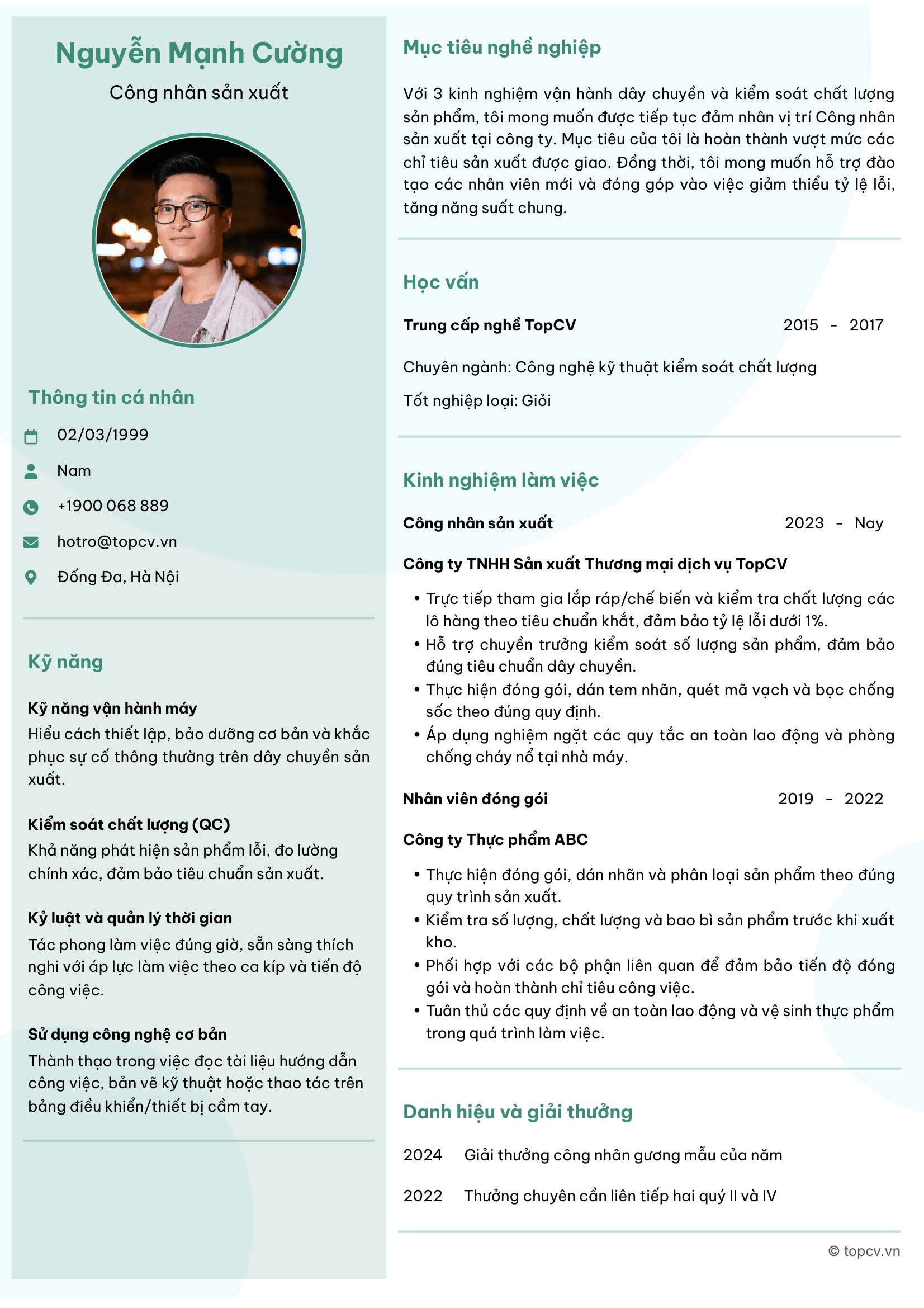 Mẫu CV Công nhân sản xuất chuyên nghiệp