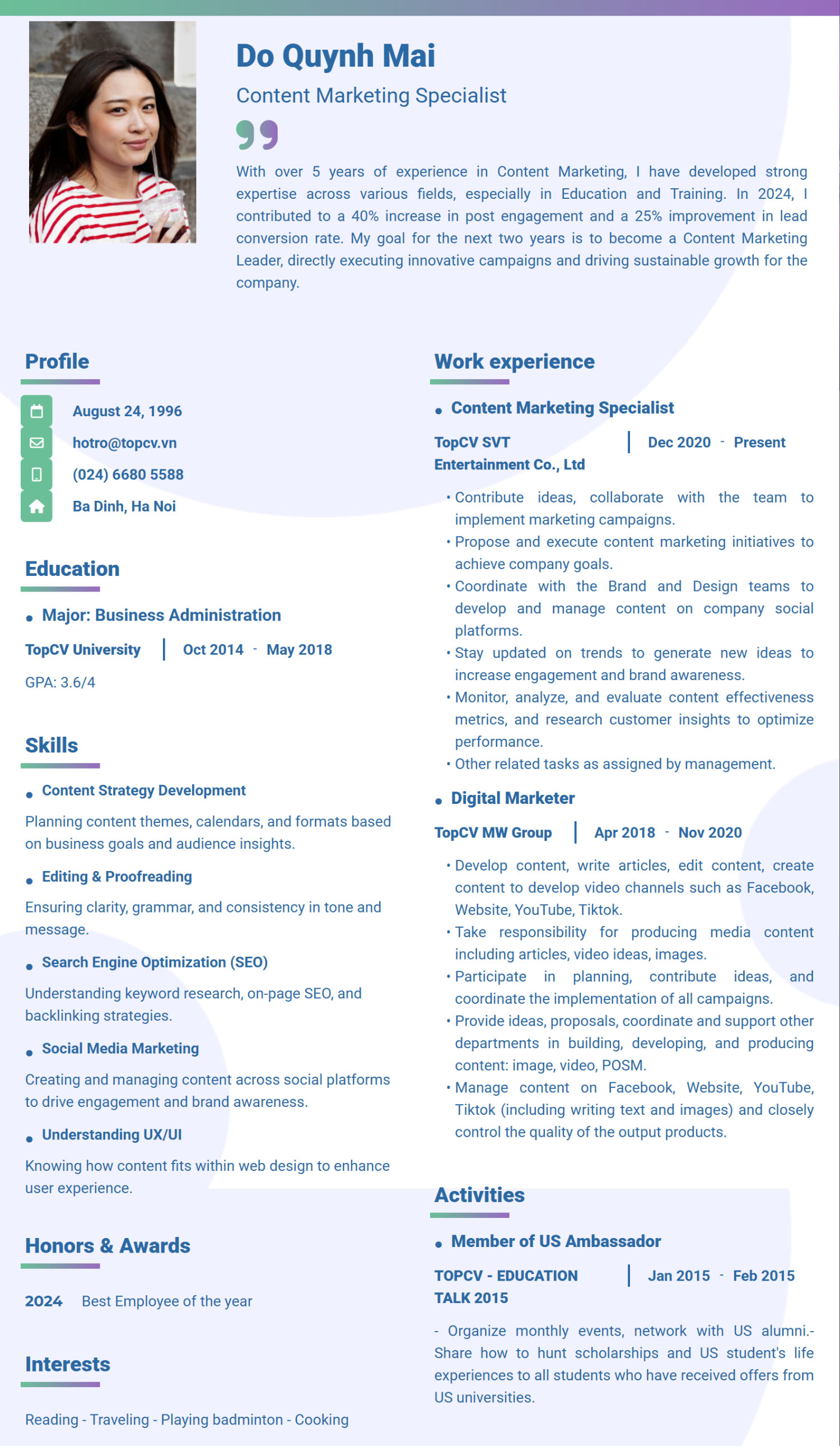 Mẫu CV Content Marketing tiếng Anh