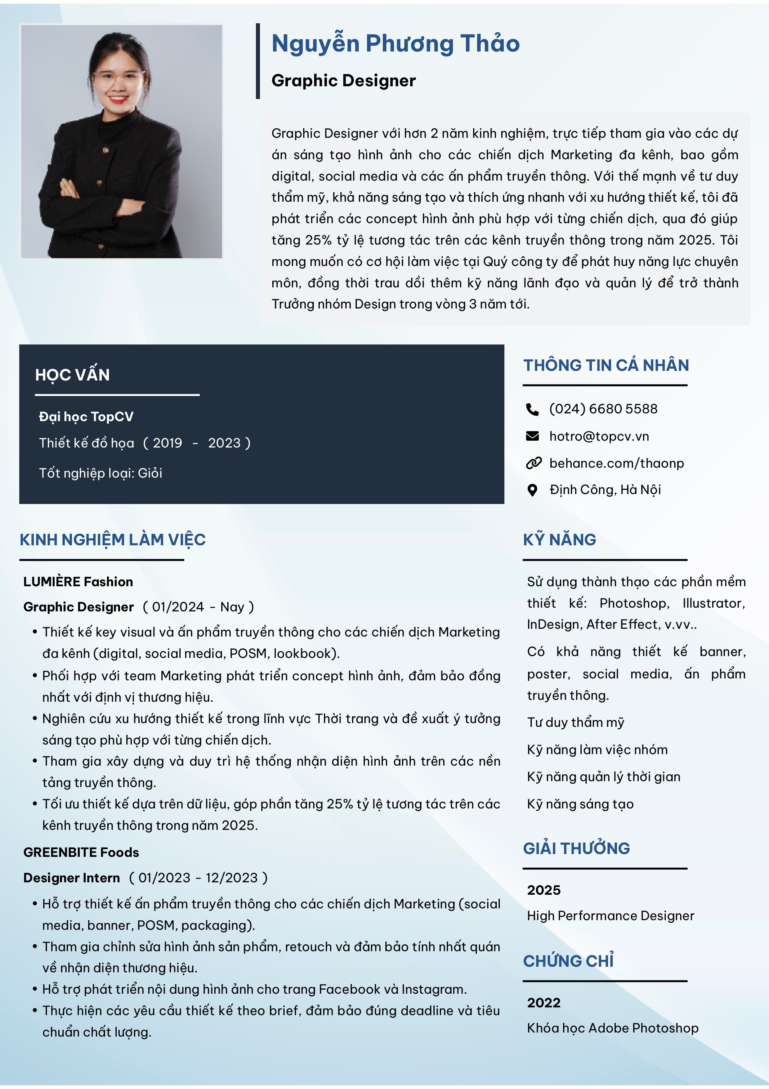 Mẫu CV Designer dành cho ứng viên đã có kinh nghiệm