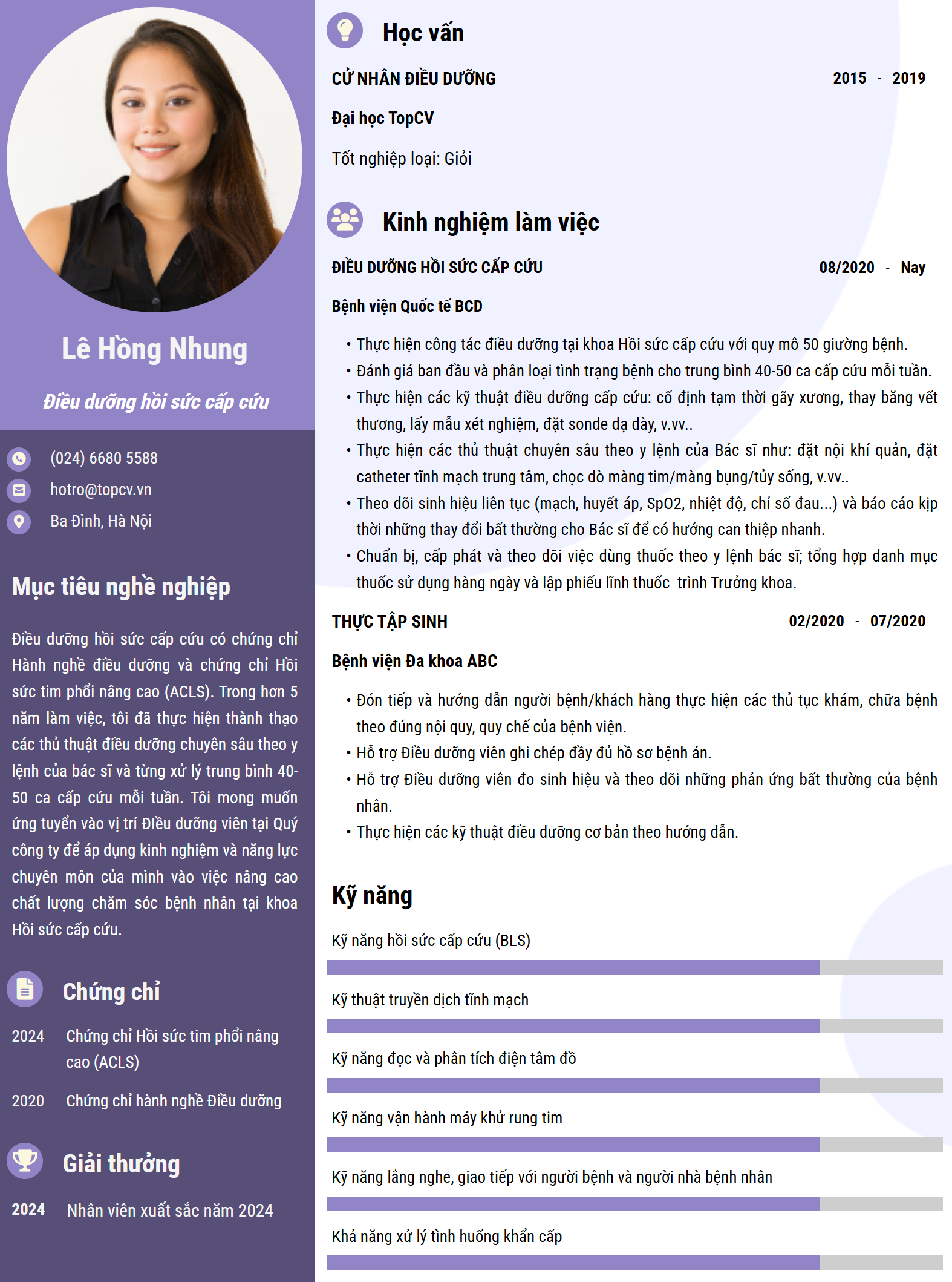 Mẫu CV Điều dưỡng hồi sức cấp cứu
