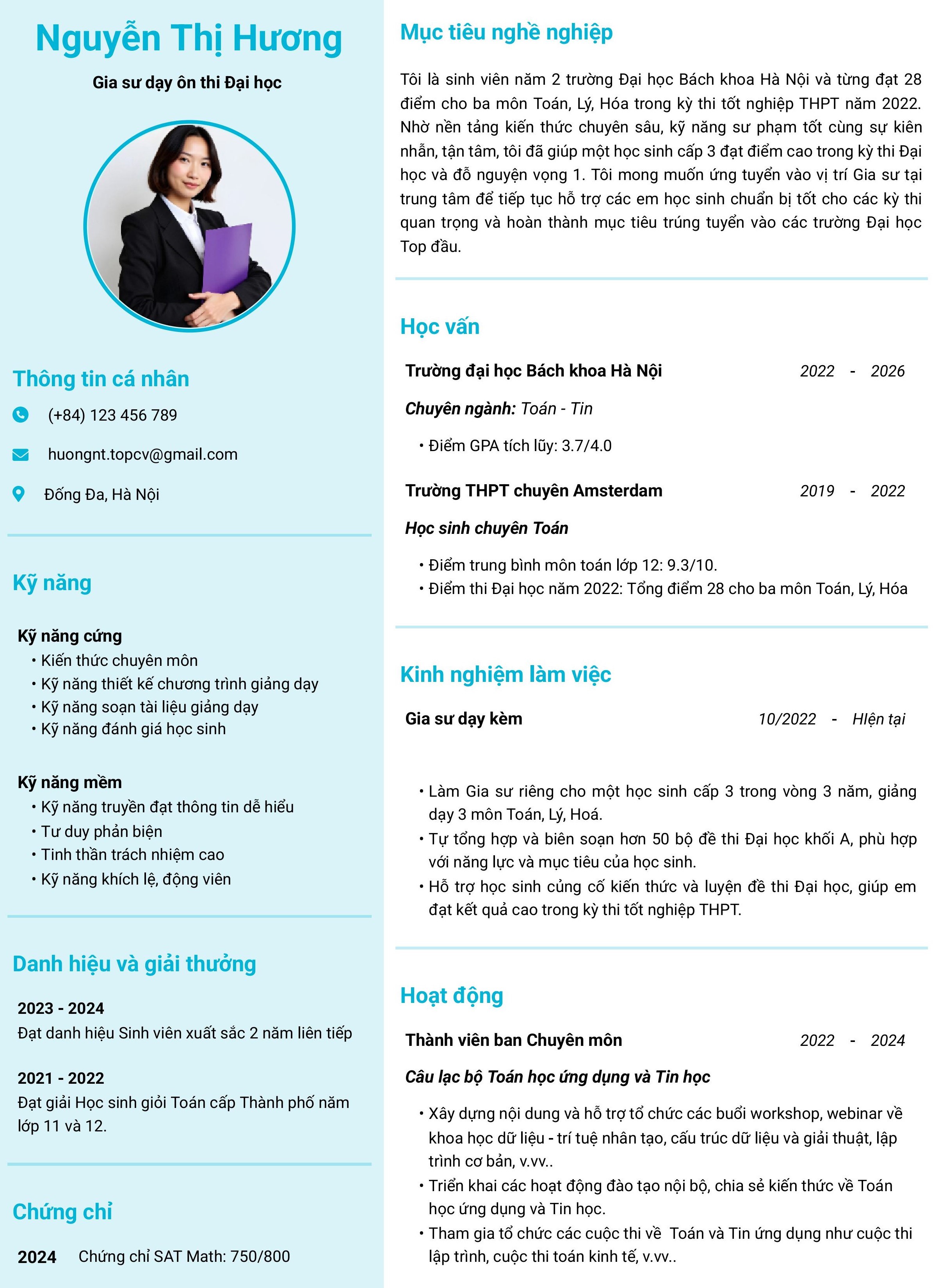 Mẫu CV Gia sư có ít kinh nghiệm