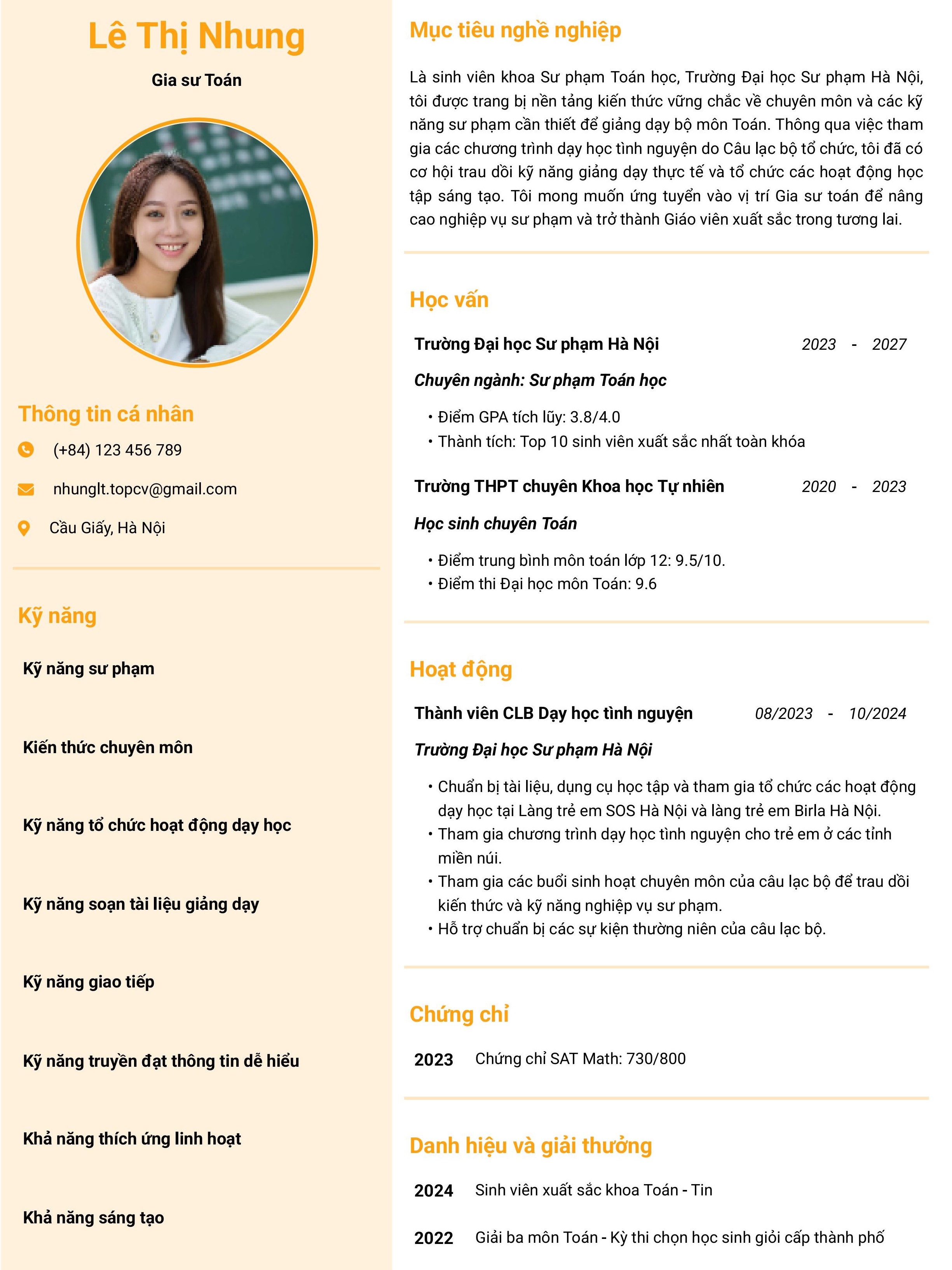 Mẫu CV Gia sư cho người chưa có kinh nghiệm