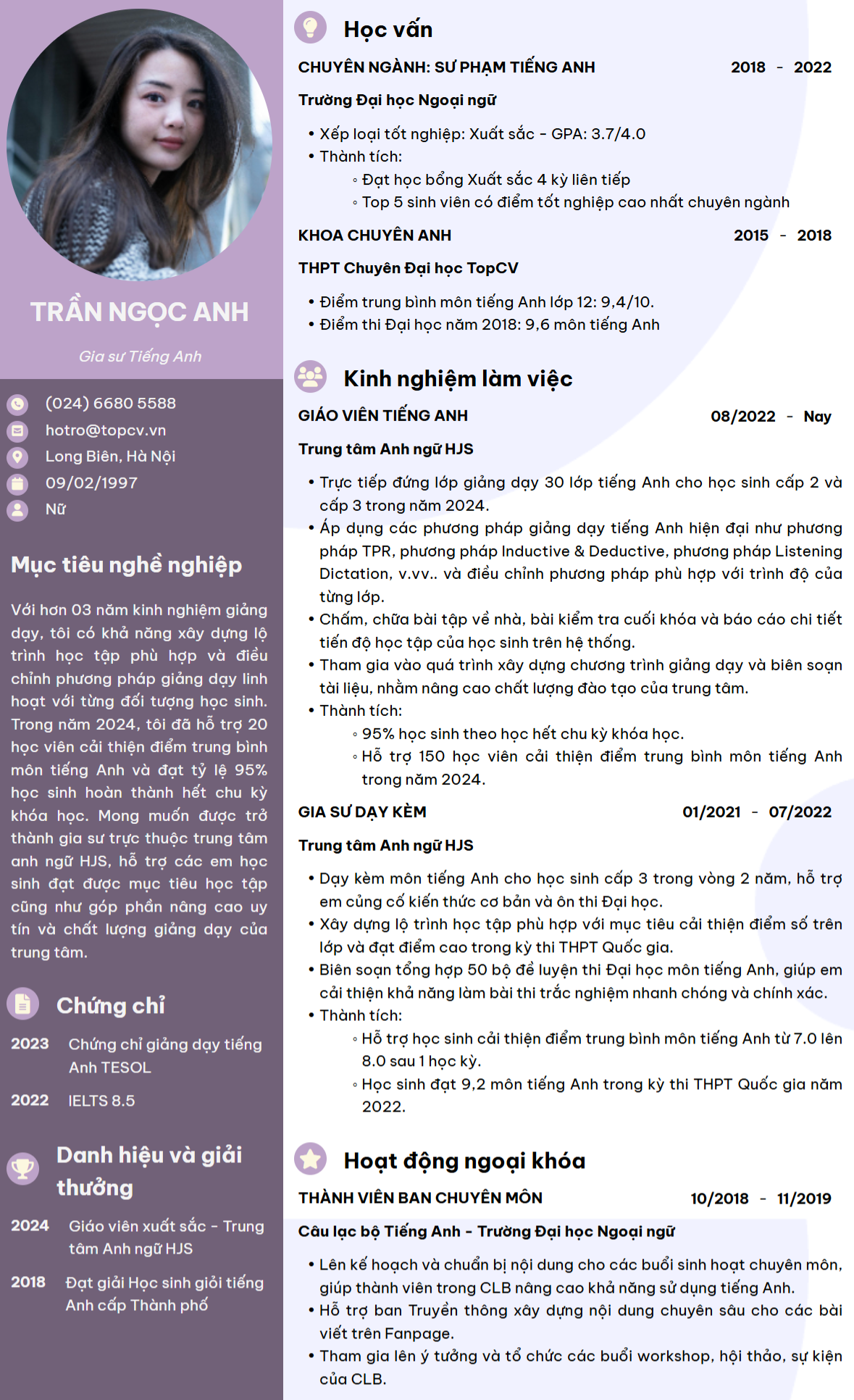 Mẫu CV Gia sư ấn tượng